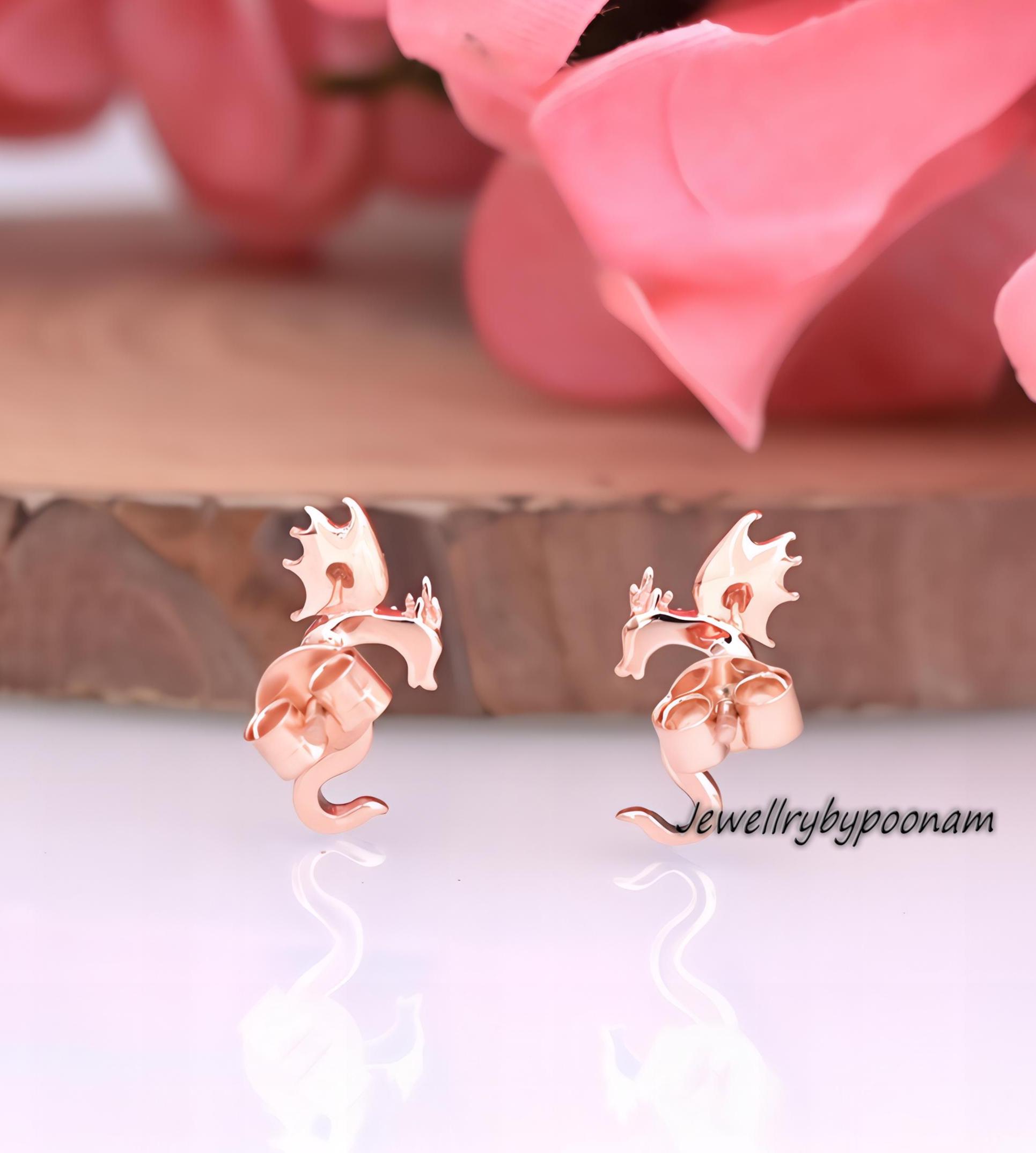 9k/14k Sterling Silver Flying Dragon Stud Earrings: Tiny Dragon Earring Flat Back - View 5 - Jewelry By Poonam | SKU: PJE1691