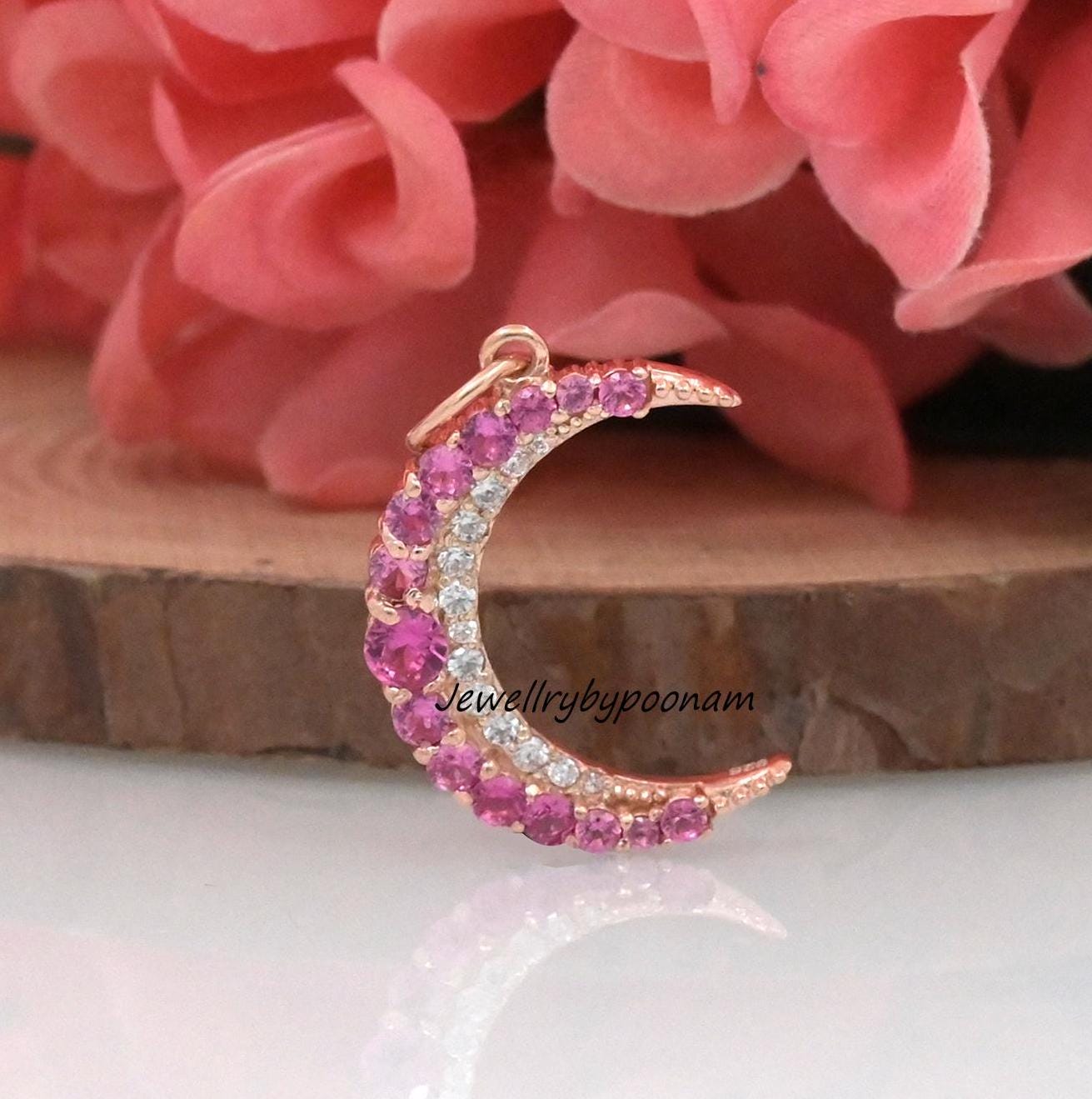 Blue Sapphire Crescent Moon Pendant: Sterling Silver Diamond Jewelry - View 3 - Jewelry By Poonam | SKU: PJP3468-SLYGBSPCZ-35