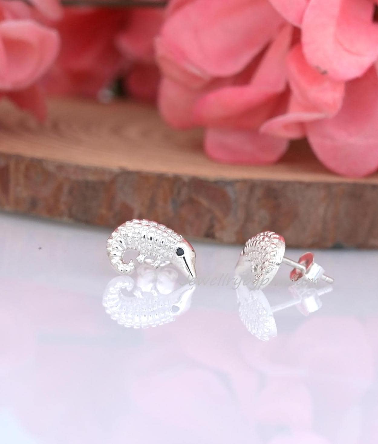 Sterling Silver Pangolin Stud Earrings, Dainty Wildlife Animal Jewelry - View 3 - Jewelry By Poonam | SKU: PJE1714-SLRHBS-10M