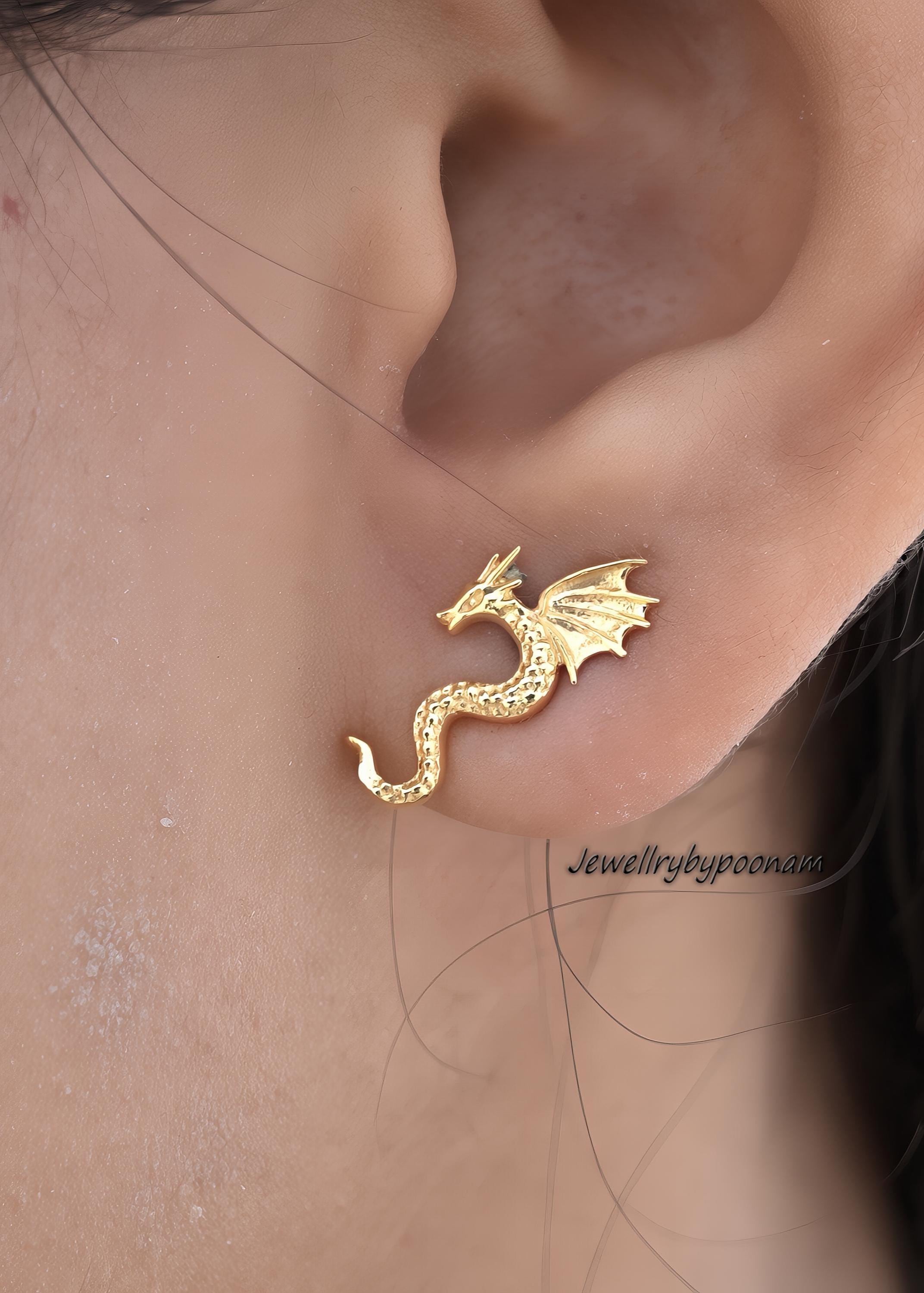 9k/14k Sterling Silver Flying Dragon Stud Earrings: Tiny Dragon Earring Flat Back - View 6 - Jewelry By Poonam | SKU: PJE1691