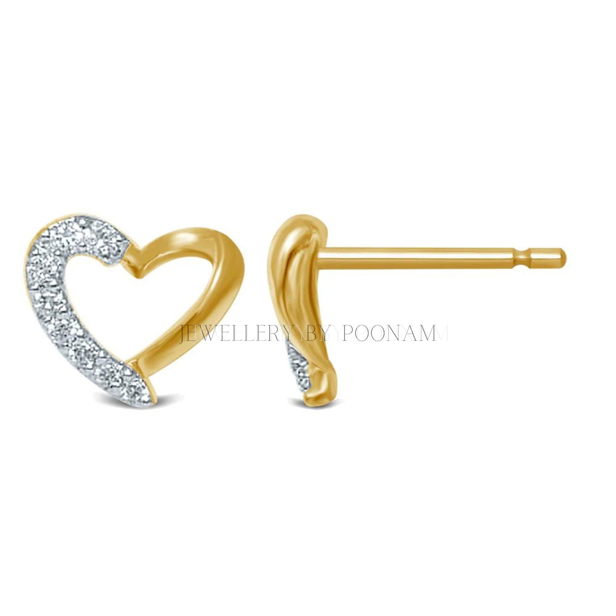 9k/14k Gold Sterling Silver Heart Stud Earrings, Moissanite Cubic Zirconia Detail - View 3 - Jewelry By Poonam | SKU: PJE1620