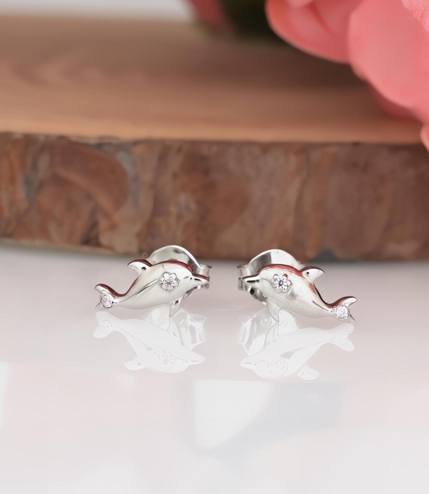 Sterling Silver Dolphin Stud Earrings with CZ: Dainty Animal Studs - View 2 - Jewelry By Poonam | SKU: PJE1683-SLYGBCZ-10M 2/