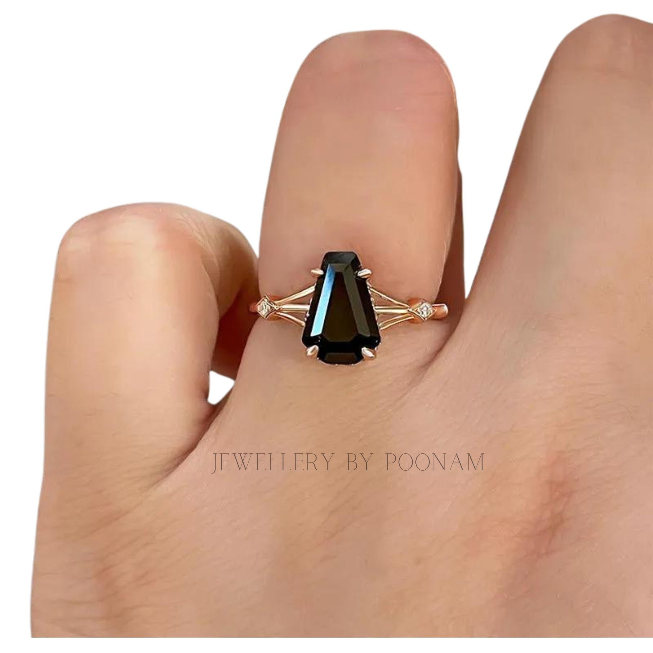 925 Sterling Silver Black Coffin-Cut Moissanite Ring – Unique Engagement Ring for Women - View 2 - Jewelry By Poonam | SKU: R