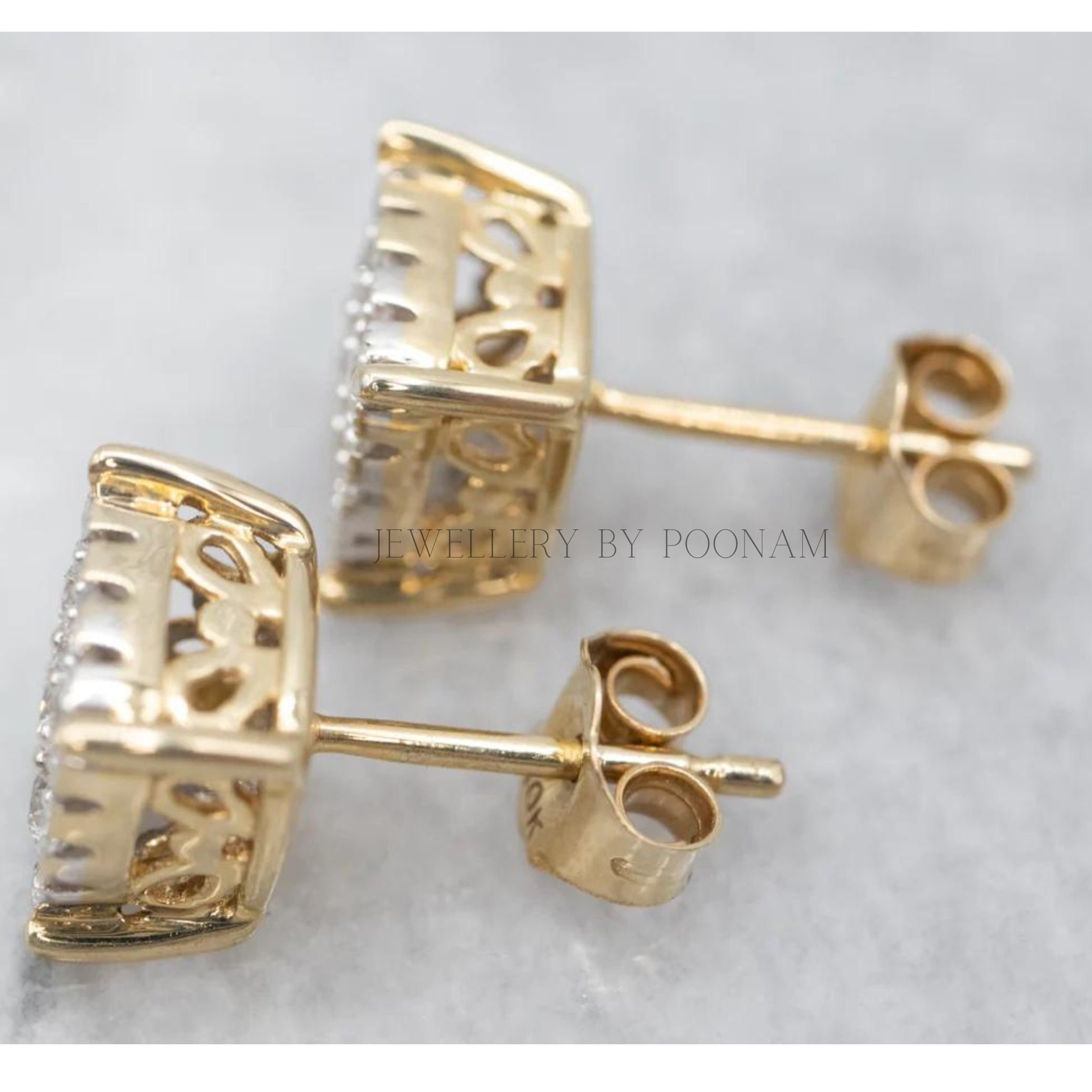 9K/14K Yellow Gold & 925 Sterling Silver Elegant Sparkling Gold Cluster Diamond Stud Earrings - View 3 - Jewelry By Poonam |
