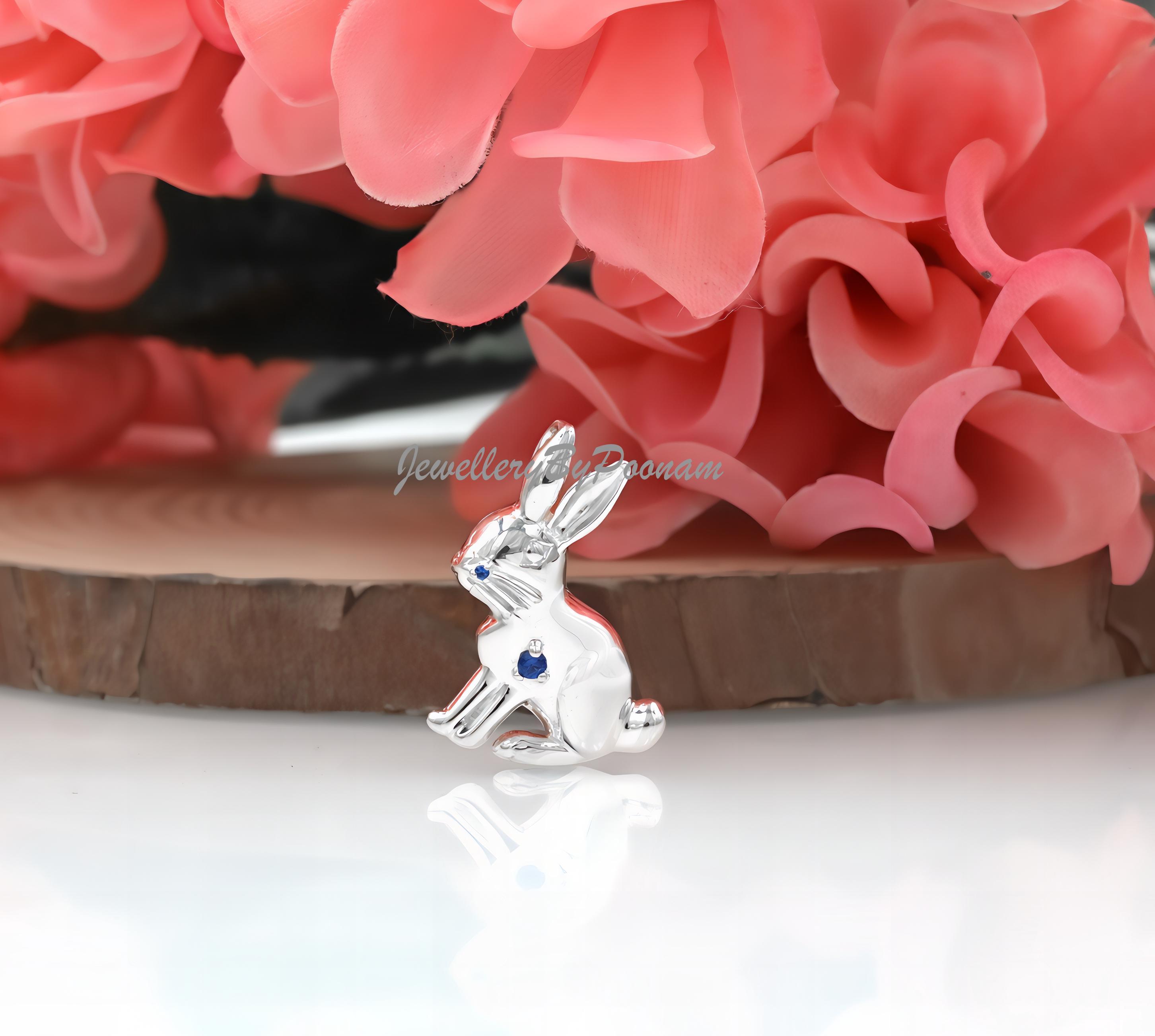 14k Gold Plated Sterling Silver Bunny Pendant: Moissanite Rabbit Charm - View 2 - Jewelry By Poonam | SKU: PJP3489-SLYGCZ-25M