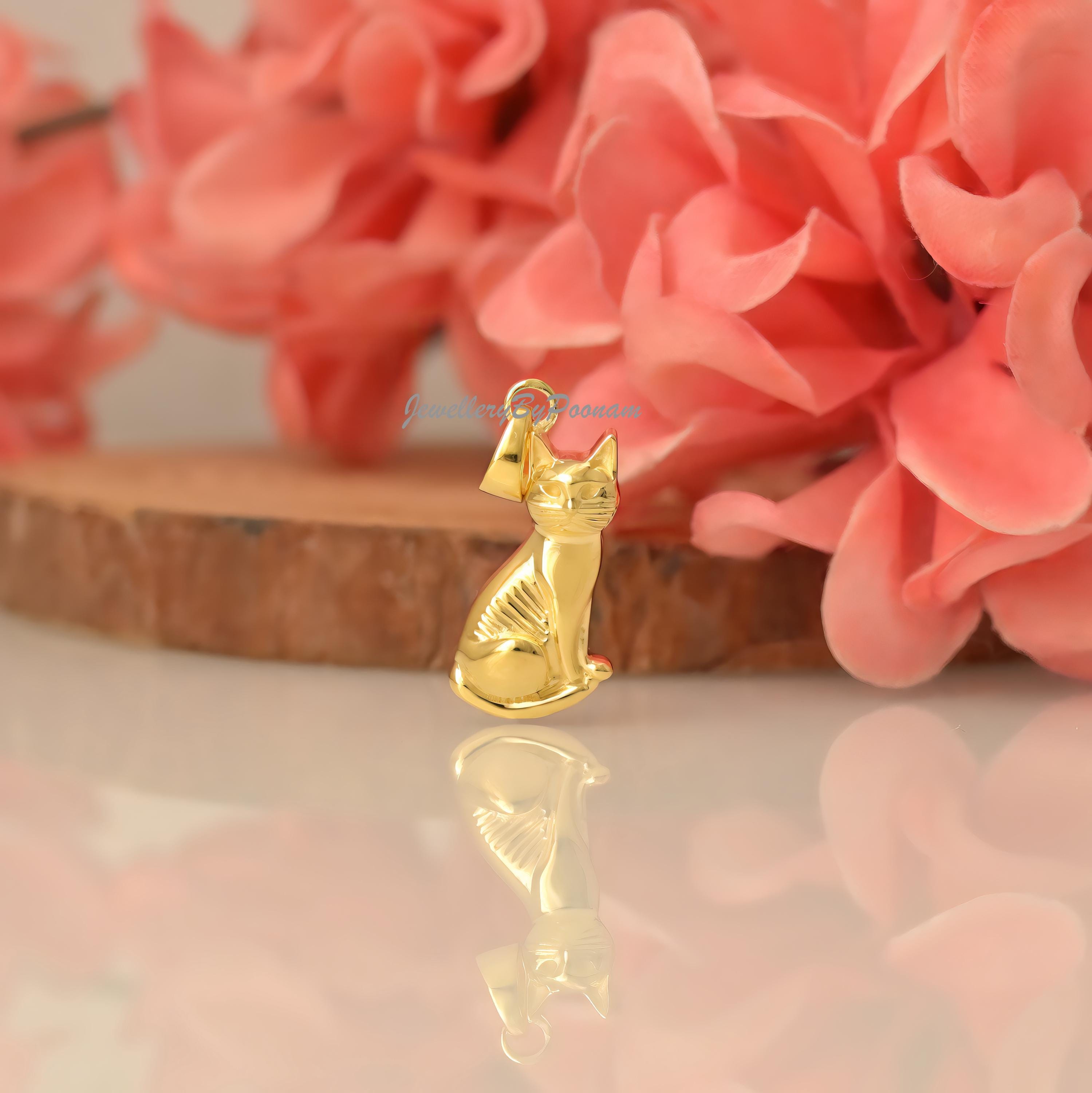14k Gold Plated Cat Pendant: 925 Sterling Silver Dainty Kitten Charm - Jewelry By Poonam | SKU: PJP4669-SLYG-20M 2/26