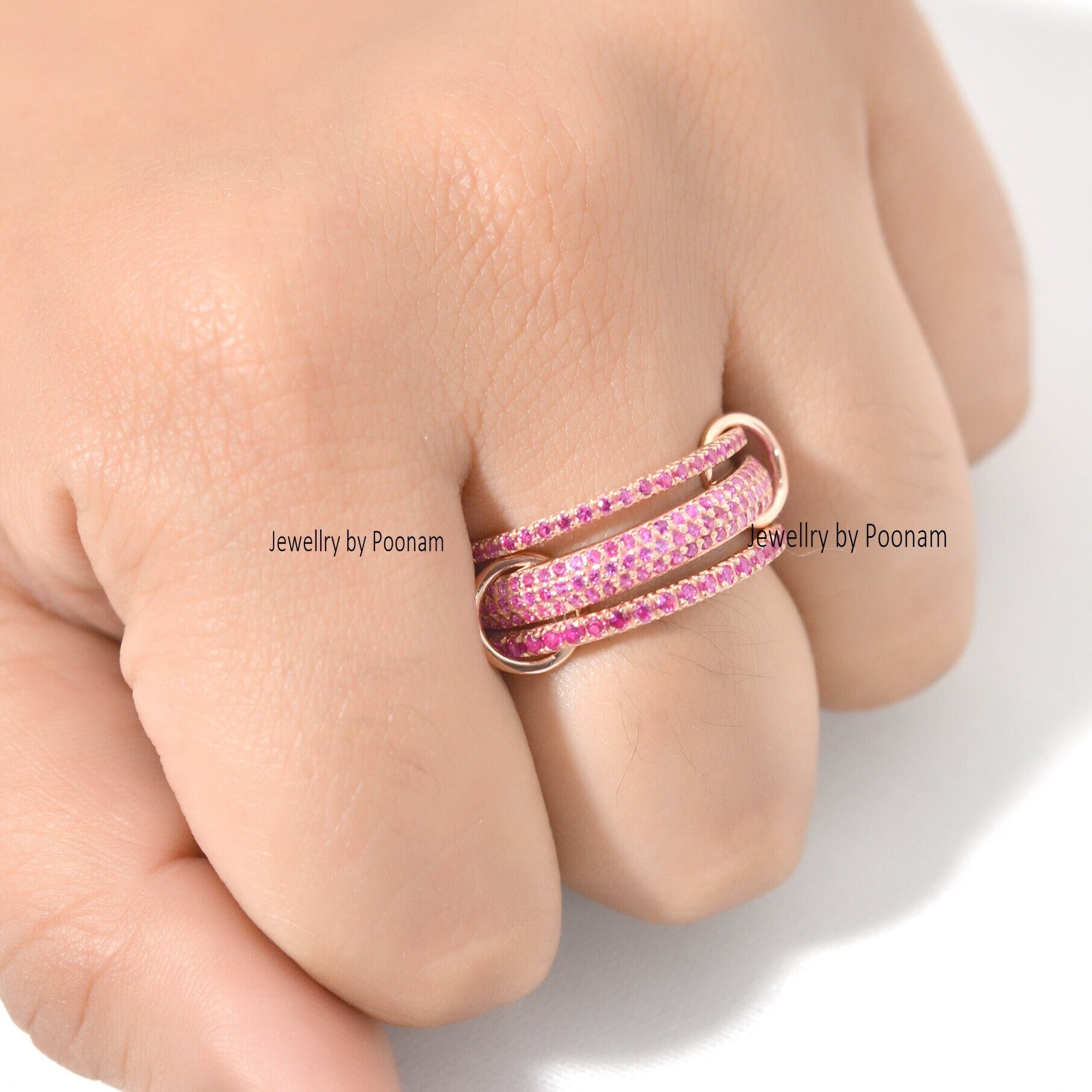 925 Sterling Silver Ruby & CZ Multi-Link Ring for Women, Chunky Connected Stacking Band - View 3 - Jewelry By Poonam | SKU: P