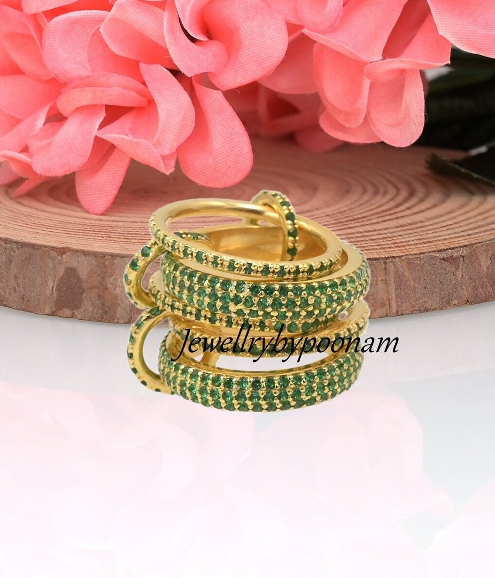 925 Silver Multi-Band Ring Set, Yellow Gold Plated, Gemstone Connector Band Ring - Jewelry By Poonam | SKU: PJR896-SLYGCZE-US
