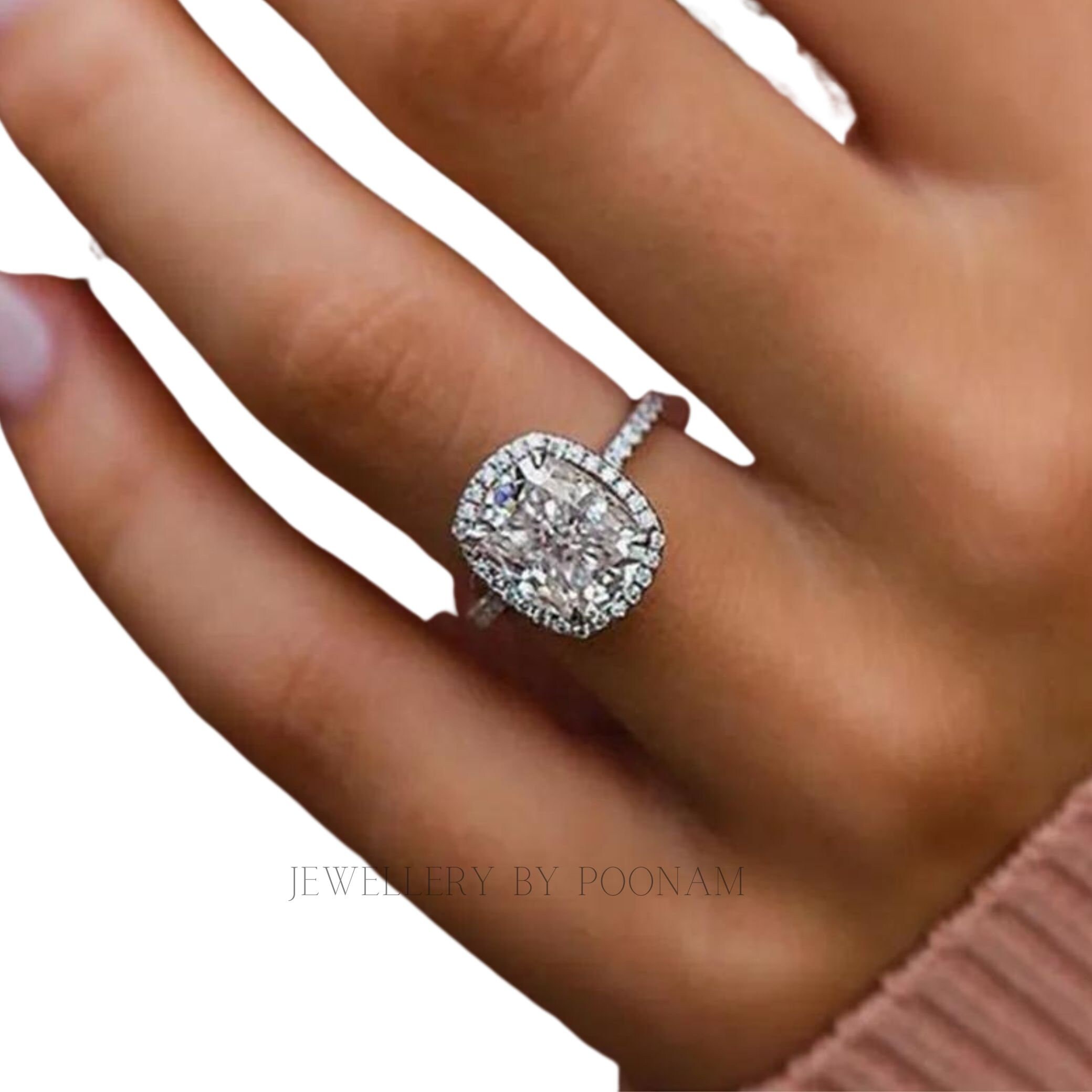 Halo Cushion Cut Sona Simulated Diamond Engagement Ring in Sterling Silver - Affordable Luxury - View 5 - Jewelry By Poonam |