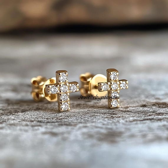14k Gold Small Cross Earrings: Dainty Cubic Zirconia Studs