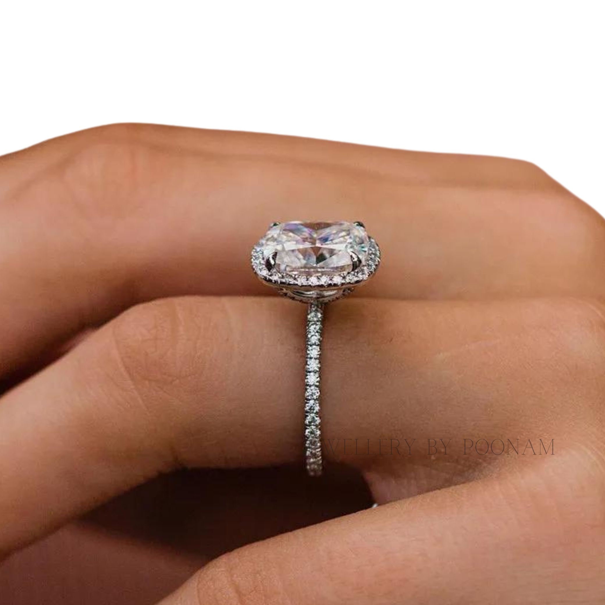 Halo Cushion Cut Sona Simulated Diamond Engagement Ring in Sterling Silver - Affordable Luxury - View 6 - Jewelry By Poonam |