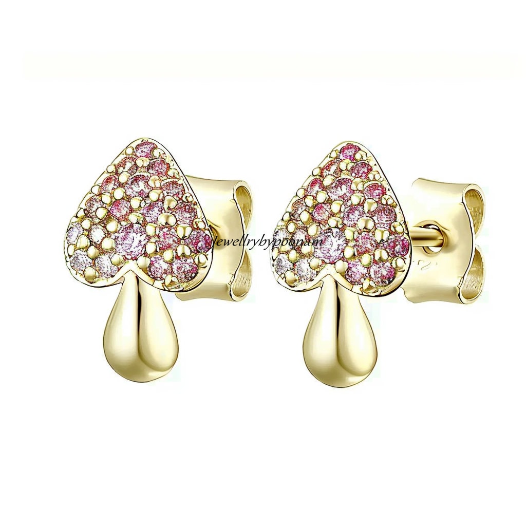 925 Sterling Silver Gold-Plated Mushroom Stud Earrings: Ruby & Diamond - Jewelry By Poonam | SKU: PJE-