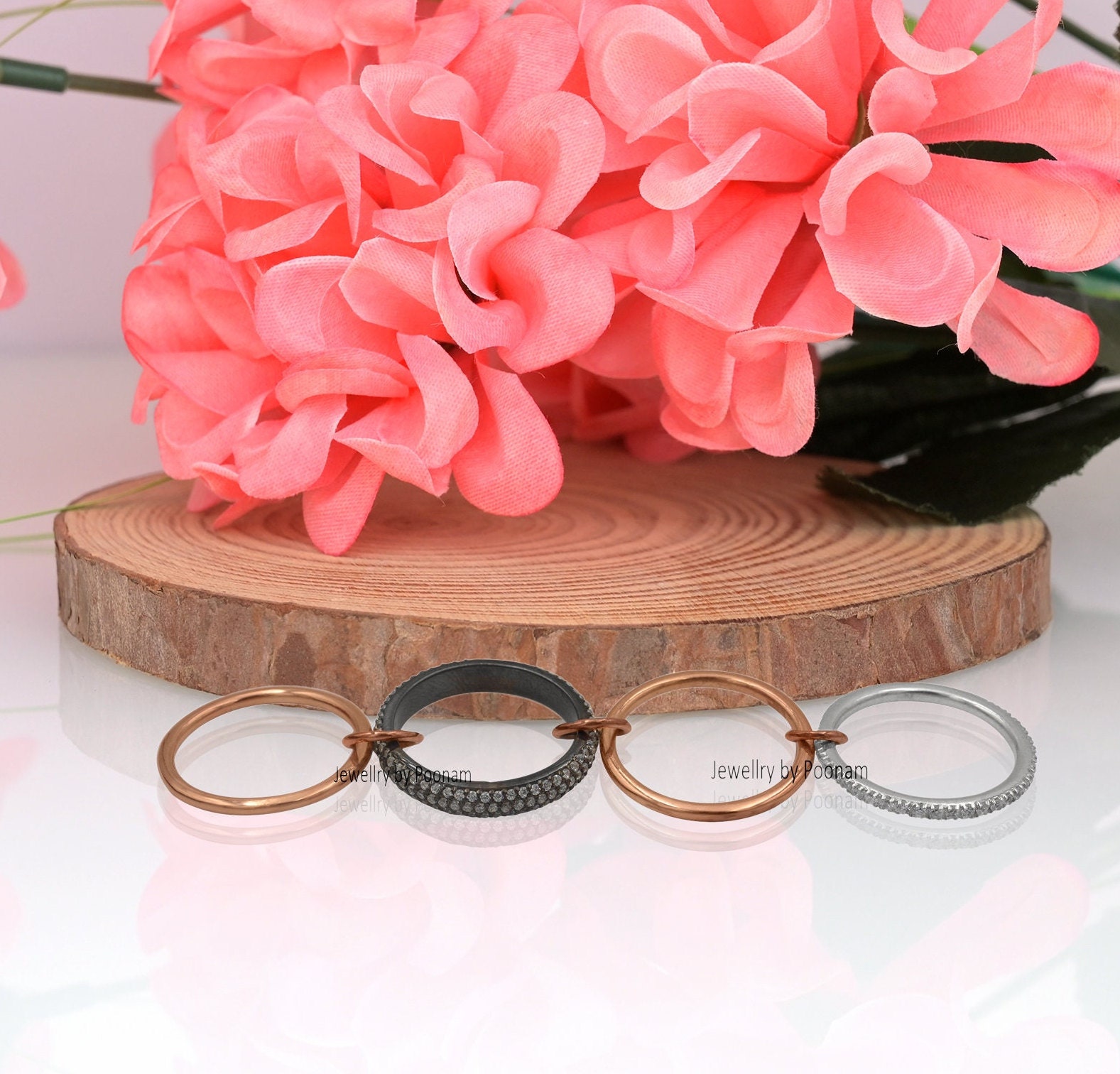 925 Sterling Silver Diamond Connector Band Rings Set, Two-Tone Stacking Fashion Accessory - View 2 - Jewelry By Poonam | SKU: