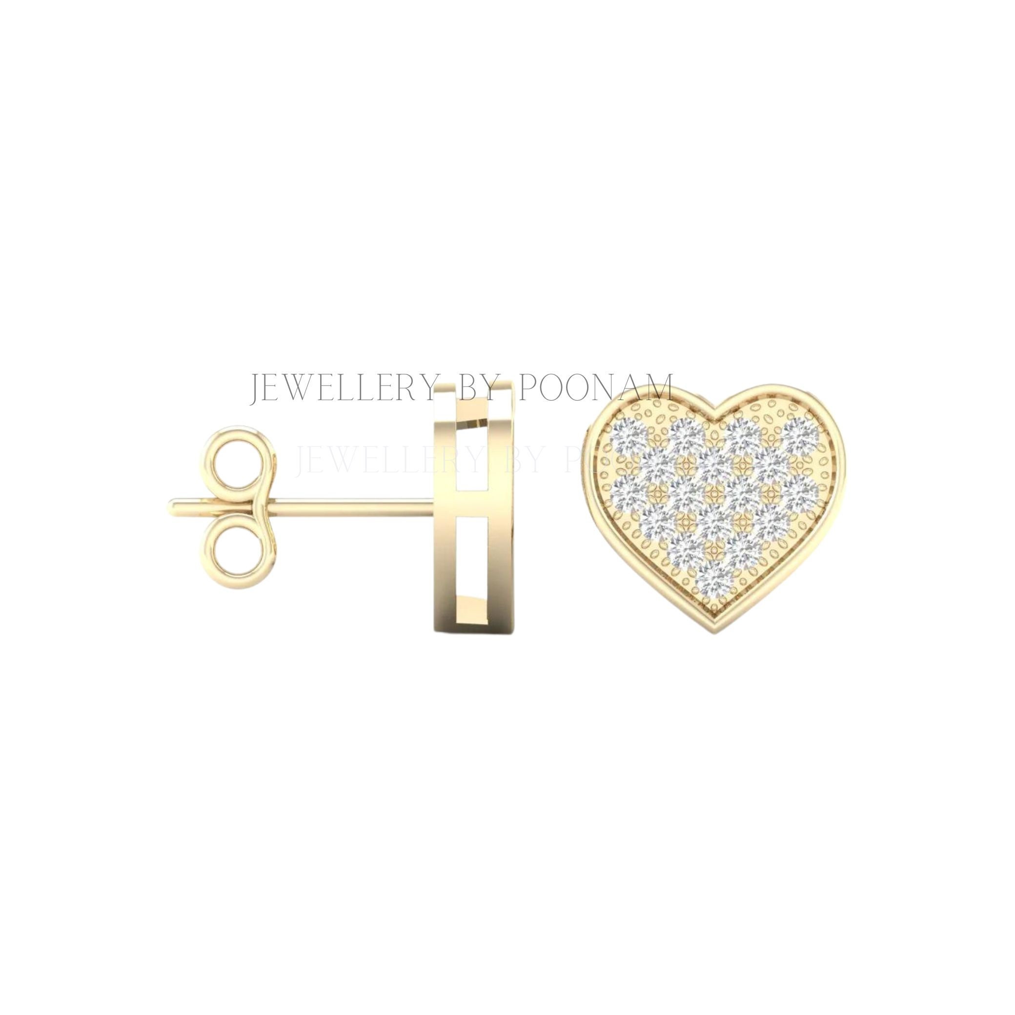 9K/14K Yellow Gold & 925 Sterling Silver Diamond Heart Earrings: Moissanite Studs - View 2 - Jewelry By Poonam | SKU: E-131