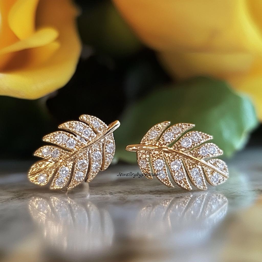 Diamond Leaf Stud Earrings: 925 Silver, Nature Inspired - Jewelry By Poonam | SKU: PJE2006-