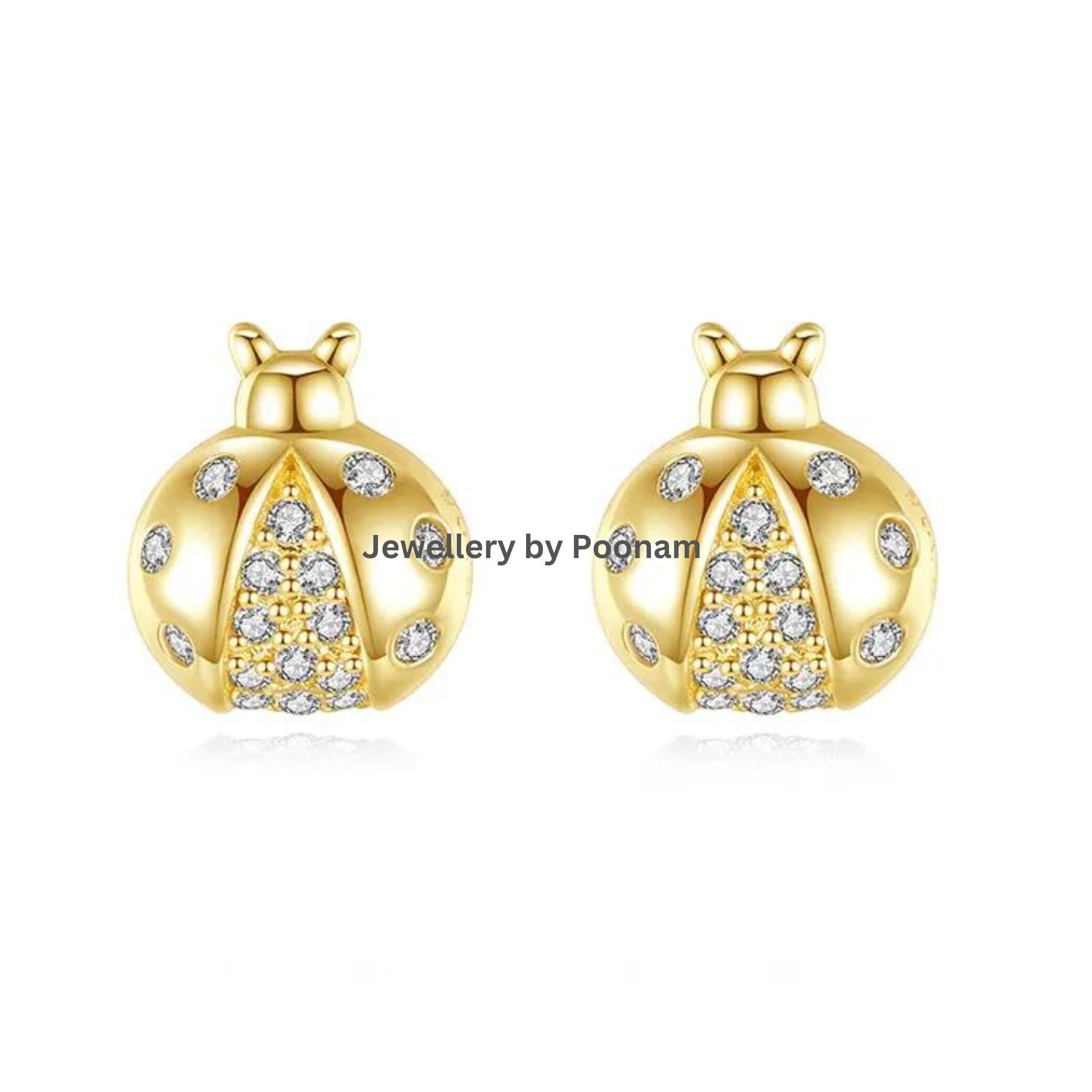 Gold Ladybug Stud Earrings β Moissanite Diamond β 9K / 14K Gold or 925 Silver - Jewelry By Poonam | SKU: E-105