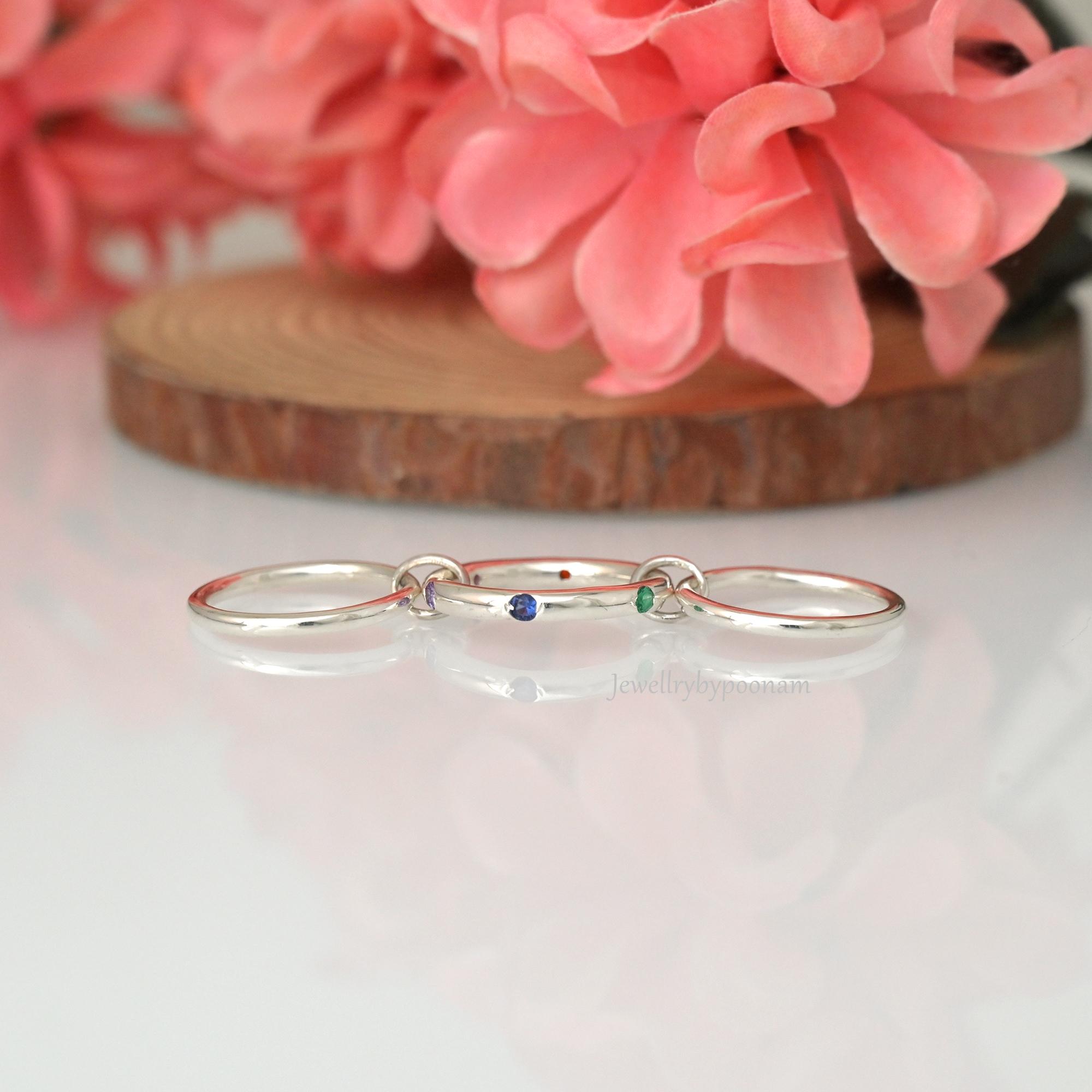 925 Sterling Silver Multi-Gemstone Connector Ring Set: Chunky Multi-Link Design - View 2 - Jewelry By Poonam | SKU: PJR3001-S