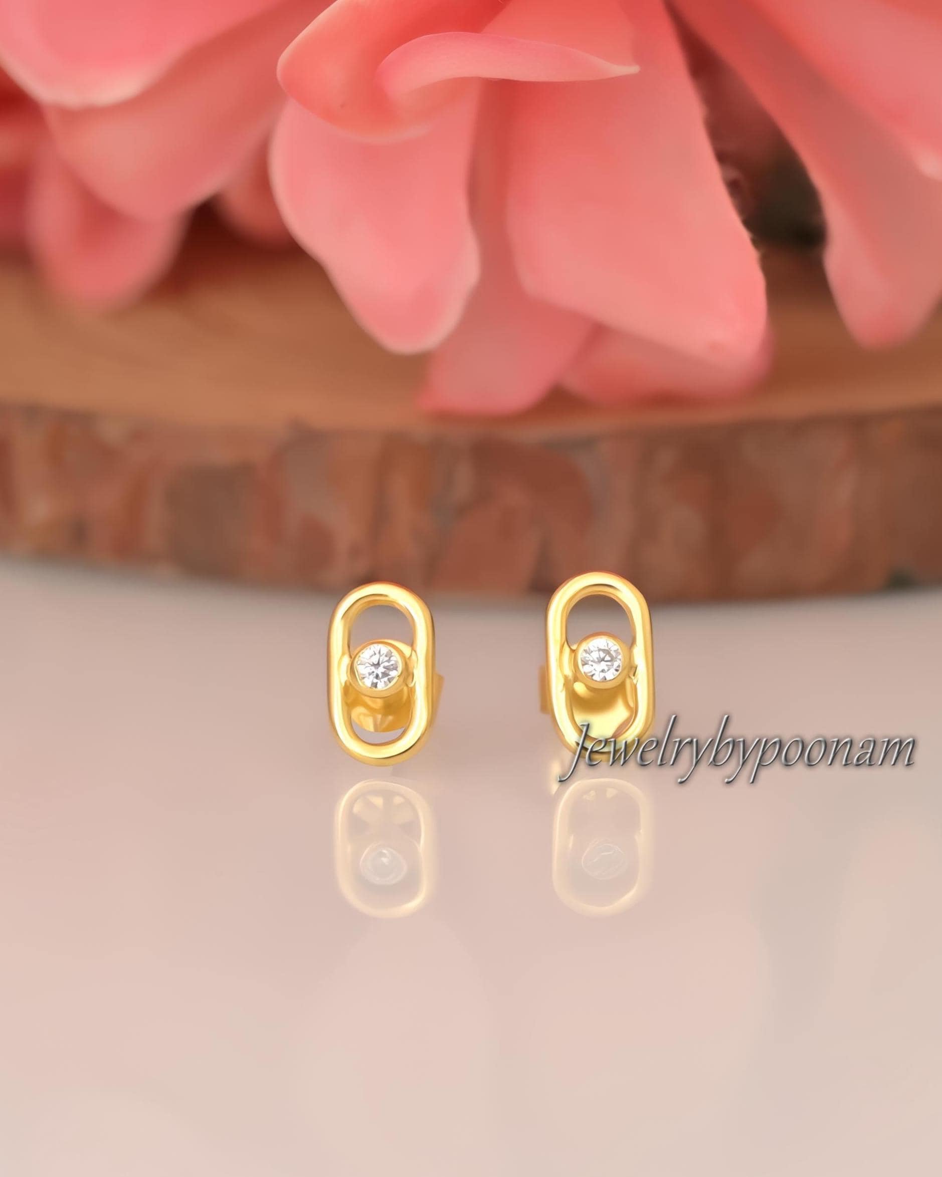 925 Sterling Silver Paperclip Stud Earrings With CZ: Dainty Diamond Accent - View 3 - Jewelry By Poonam | SKU: PJE1864-SLYGCZ