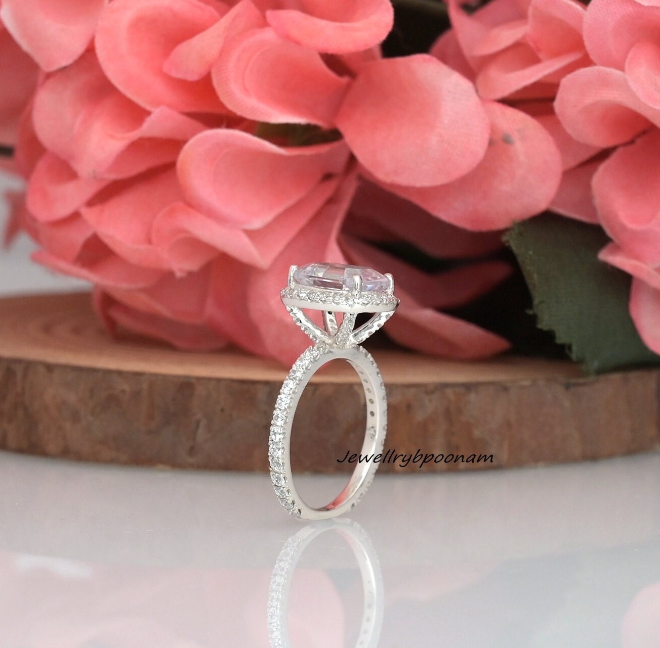 Halo Cushion Cut Sona Simulated Diamond Engagement Ring in Sterling Silver - Affordable Luxury - View 2 - Jewelry By Poonam |