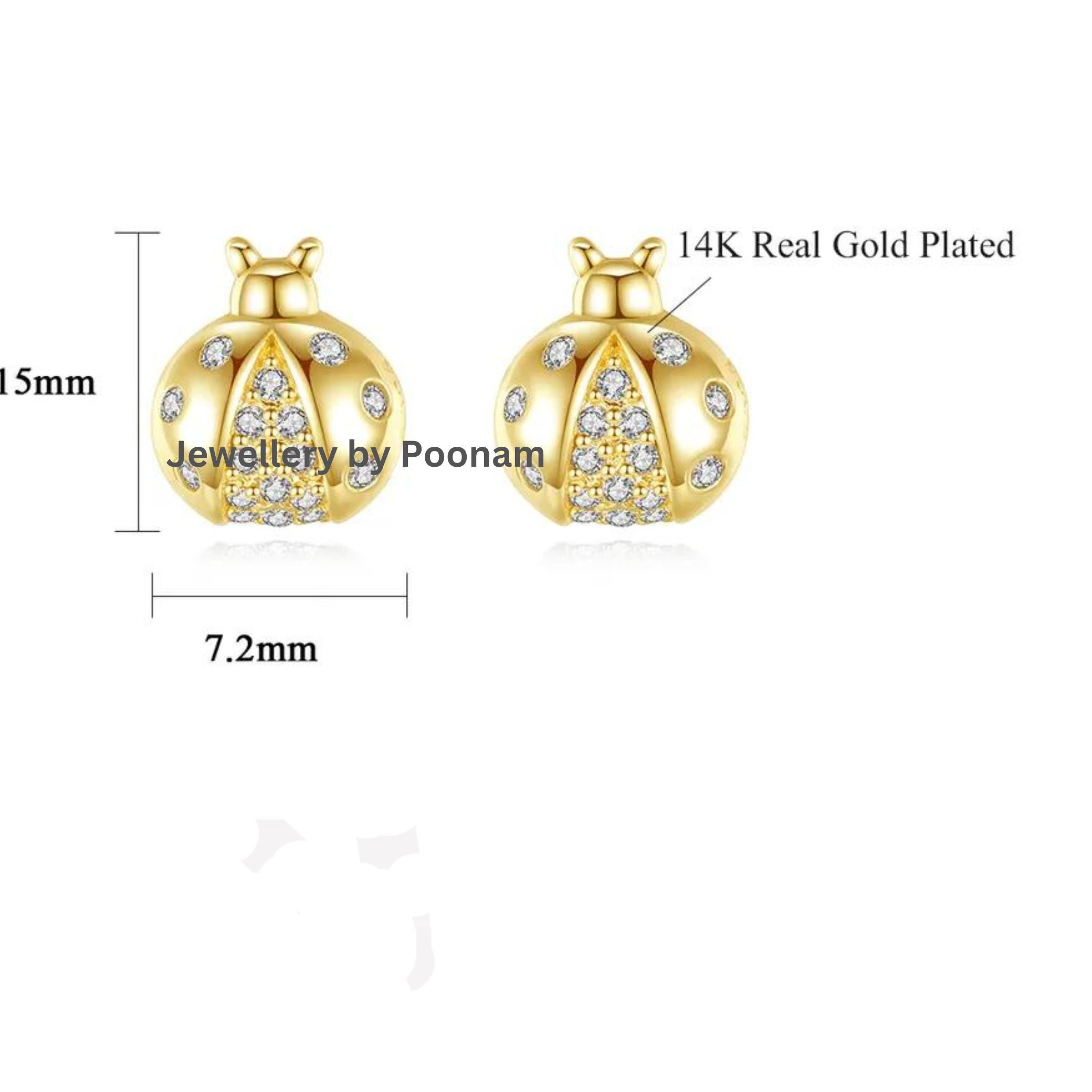 Gold Ladybug Stud Earrings β Moissanite Diamond β 9K / 14K Gold or 925 Silver - View 2 - Jewelry By Poonam | SKU: E-105