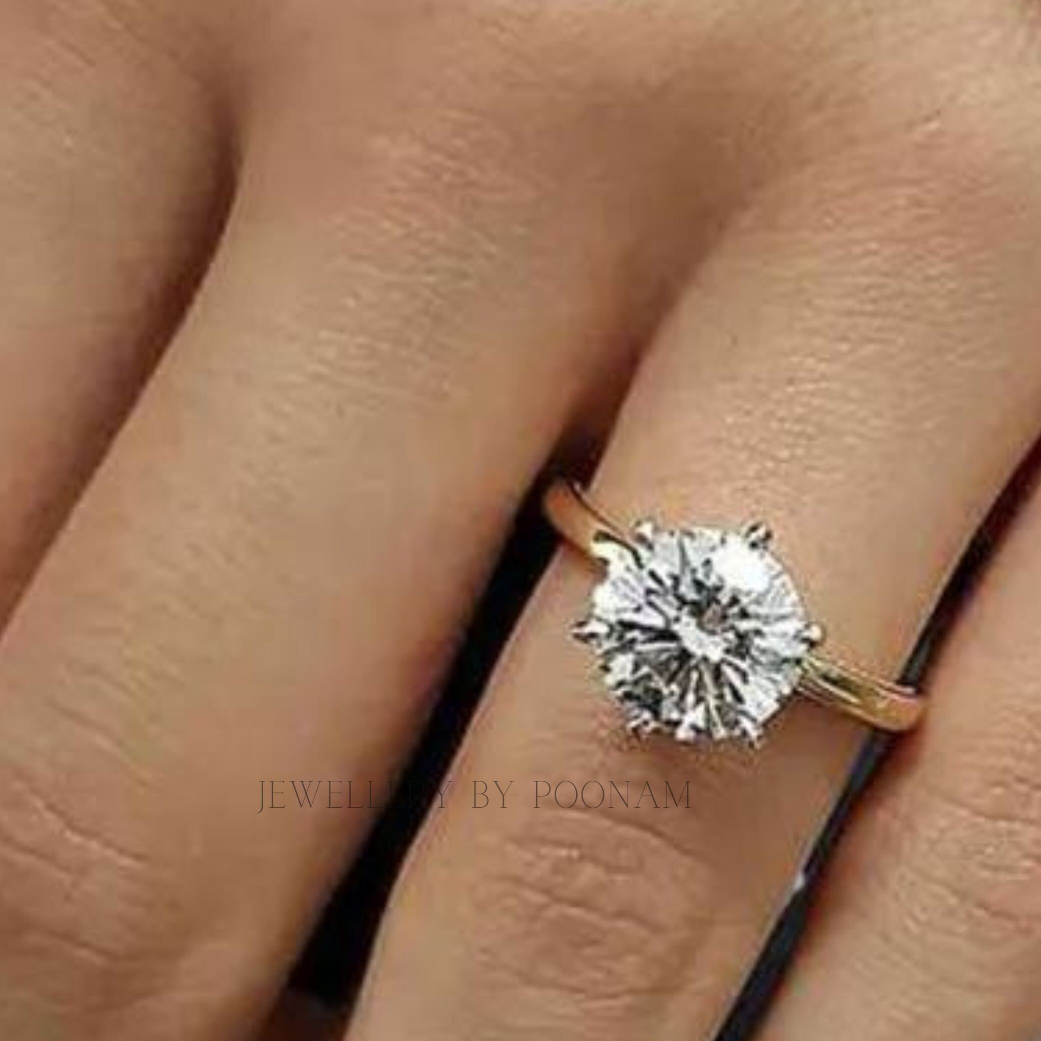 925 Silver Round Cut Solitaire Ring – Yellow Gold Plated Classic Engagement Ring for Women - View 2 - Jewelry By Poonam | SKU