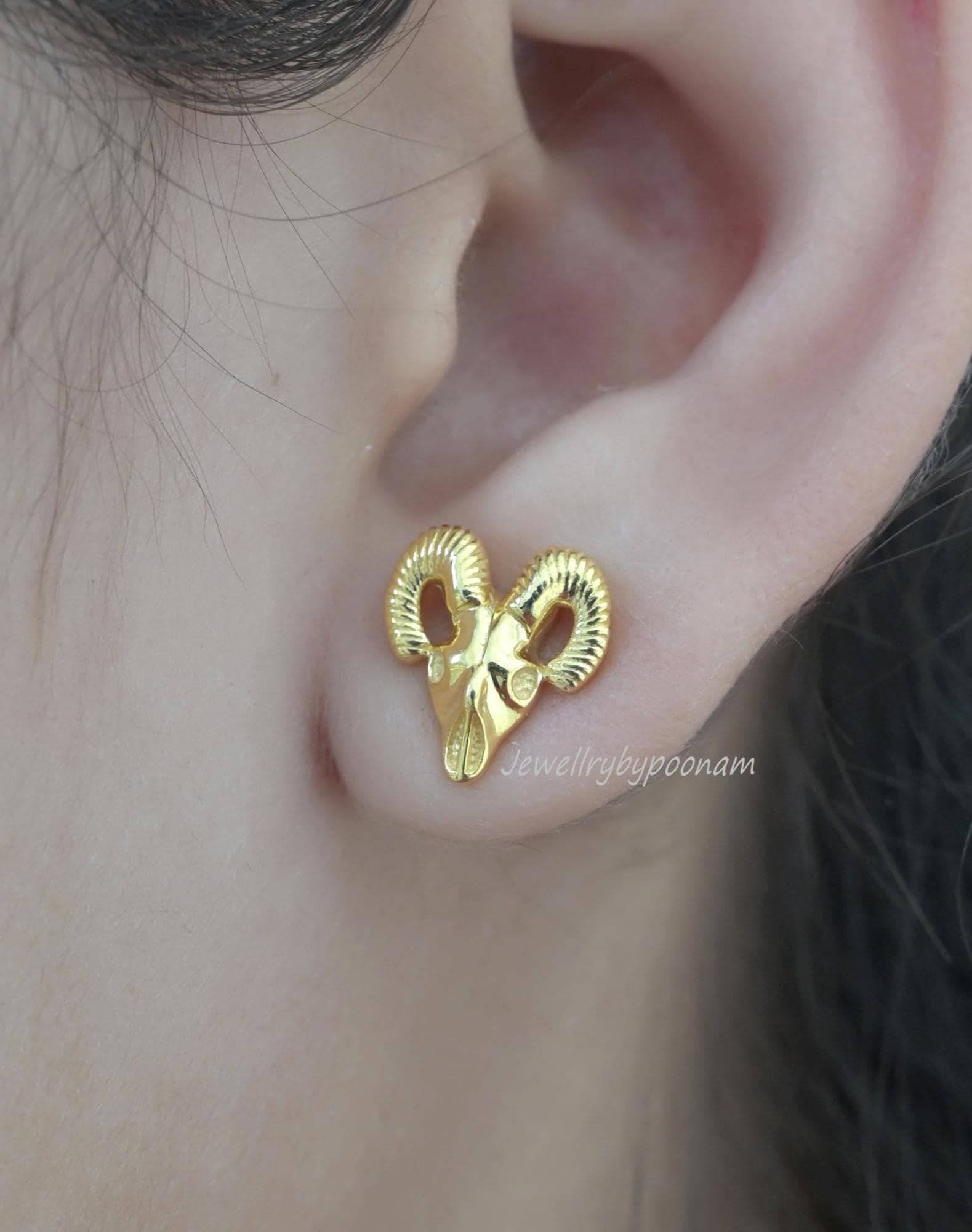 925 Sterling Silver Bighorn Sheep Skull Stud Earrings – Dainty Gold Rams Head Jewelry - View 2 - Jewelry By Poonam | SKU: PJE