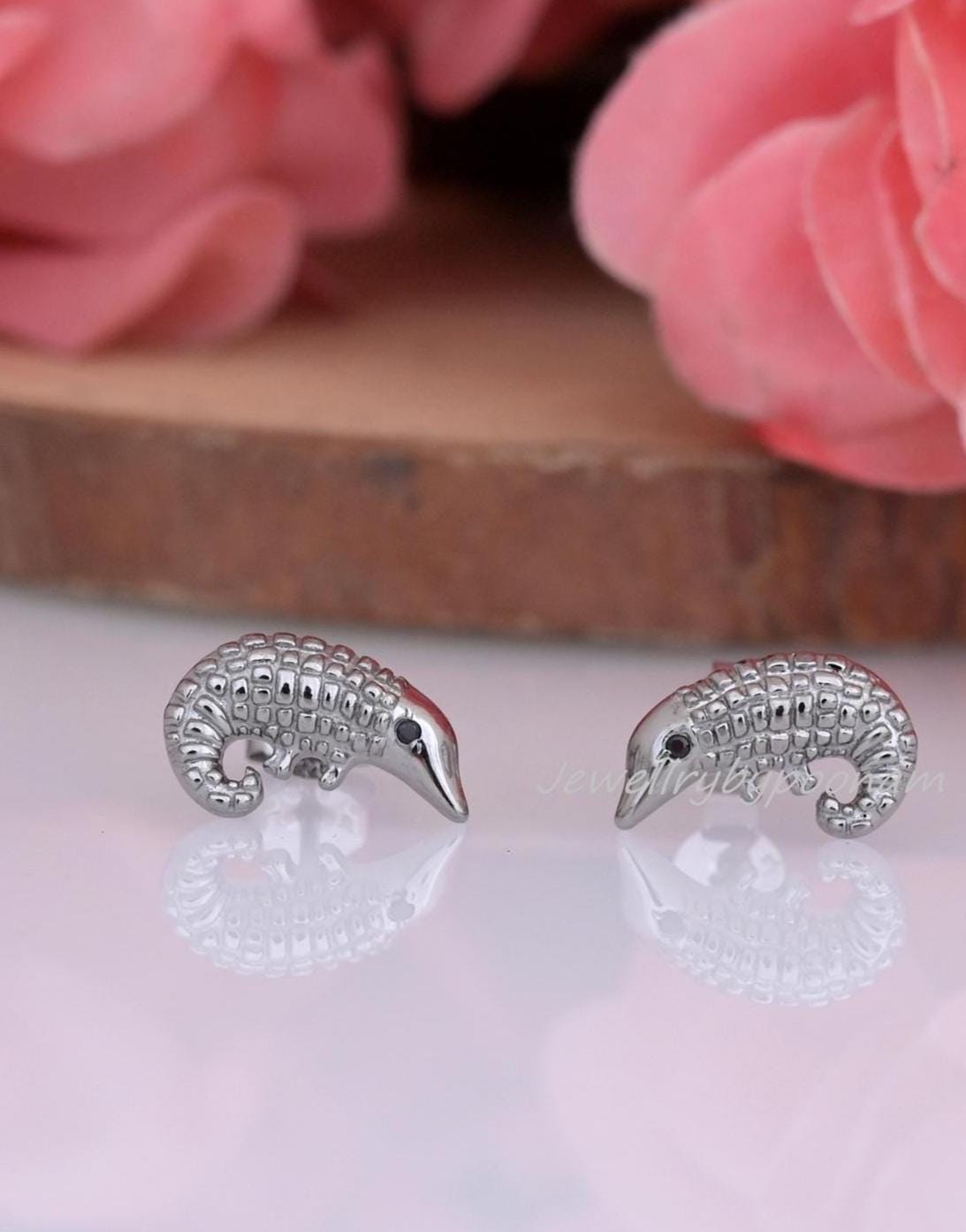Sterling Silver Pangolin Stud Earrings, Dainty Wildlife Animal Jewelry - Jewelry By Poonam | SKU: PJE1714-SLRHBS-10M 2/26
