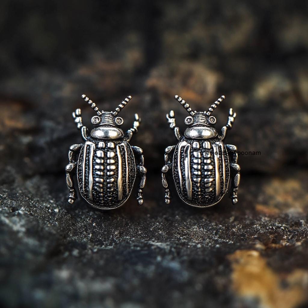 925 Sterling Silver Scarab Beetle Stud Earrings: Carved Silver Egyptian Jewelry - Jewelry By Poonam | SKU: PJE-