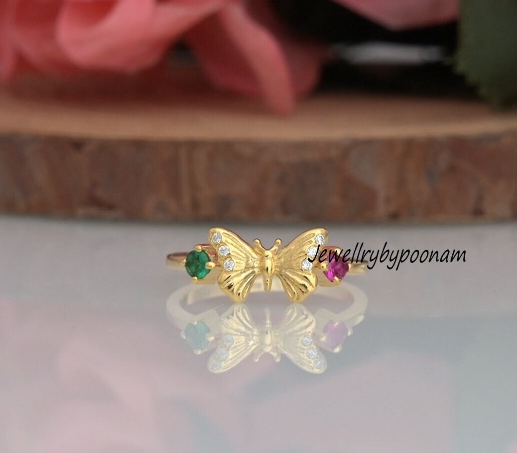 14k Gold Plated Butterfly Ring: Emerald, Ruby & CZ Sterling Silver - Jewelry By Poonam | SKU: PJR2682-SLYGCZEMRU-US-8
