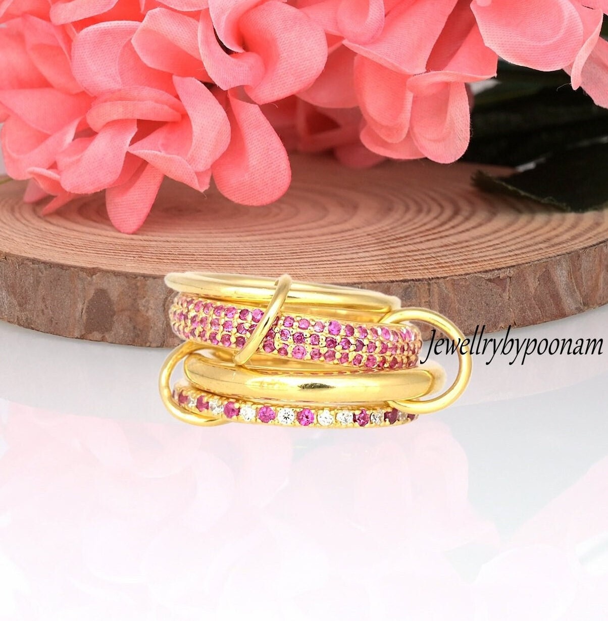 14K Gold Ruby Connector Ring, Sterling Silver Multi Link Band - Jewelry By Poonam | SKU: PJR2433-SLYGRUCZ-US-6 2/26