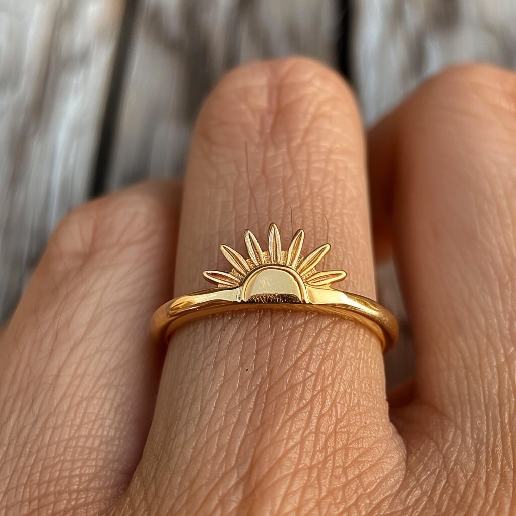 14k Gold Plated Sunburst Ring: Sterling Silver Sunshine Stacking Ring - Jewelry By Poonam | SKU: PJR2852-SLYG-US-5 2/26