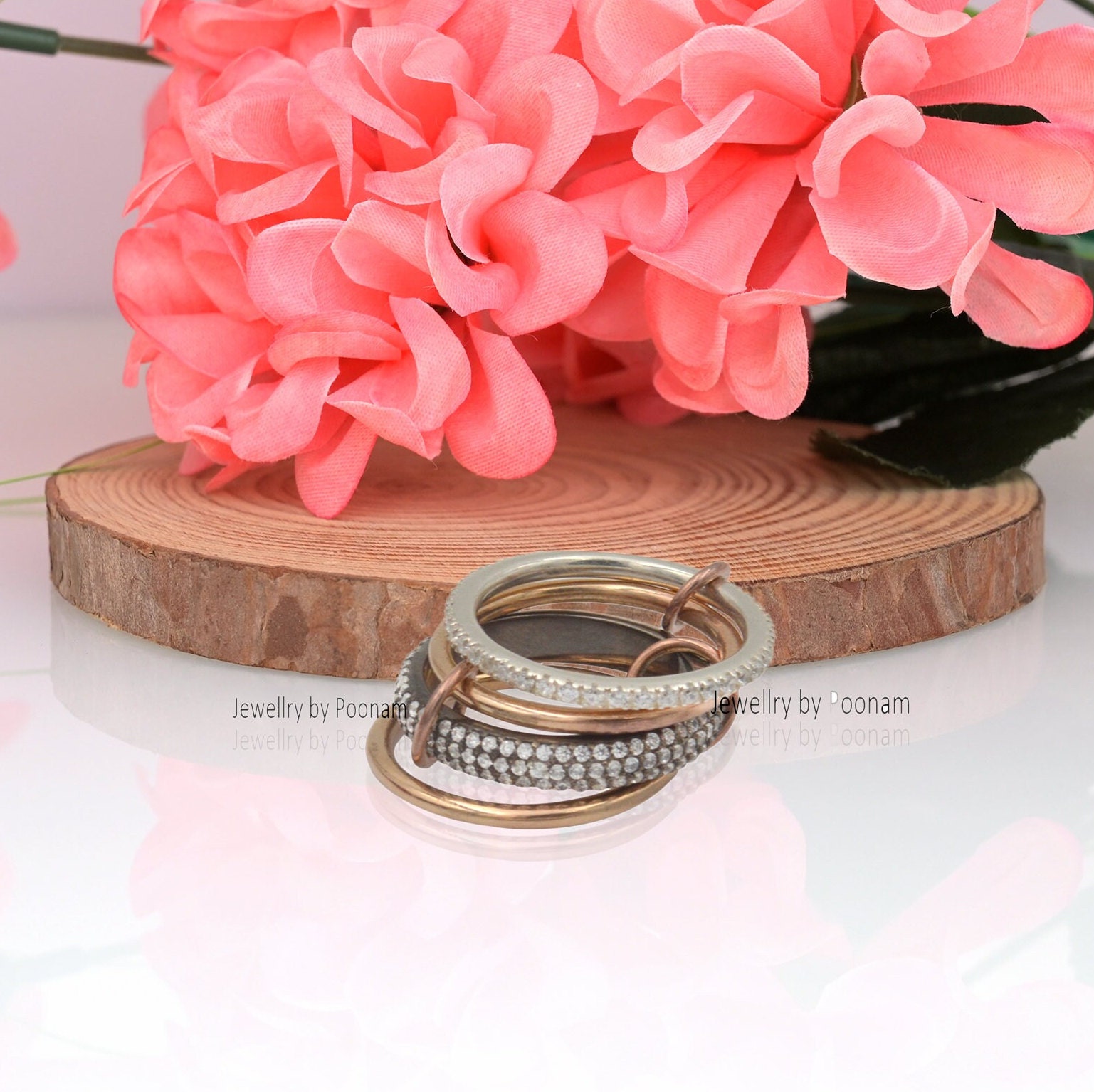 925 Sterling Silver Diamond Connector Band Rings Set, Two-Tone Stacking Fashion Accessory - Jewelry By Poonam | SKU: PJR910-