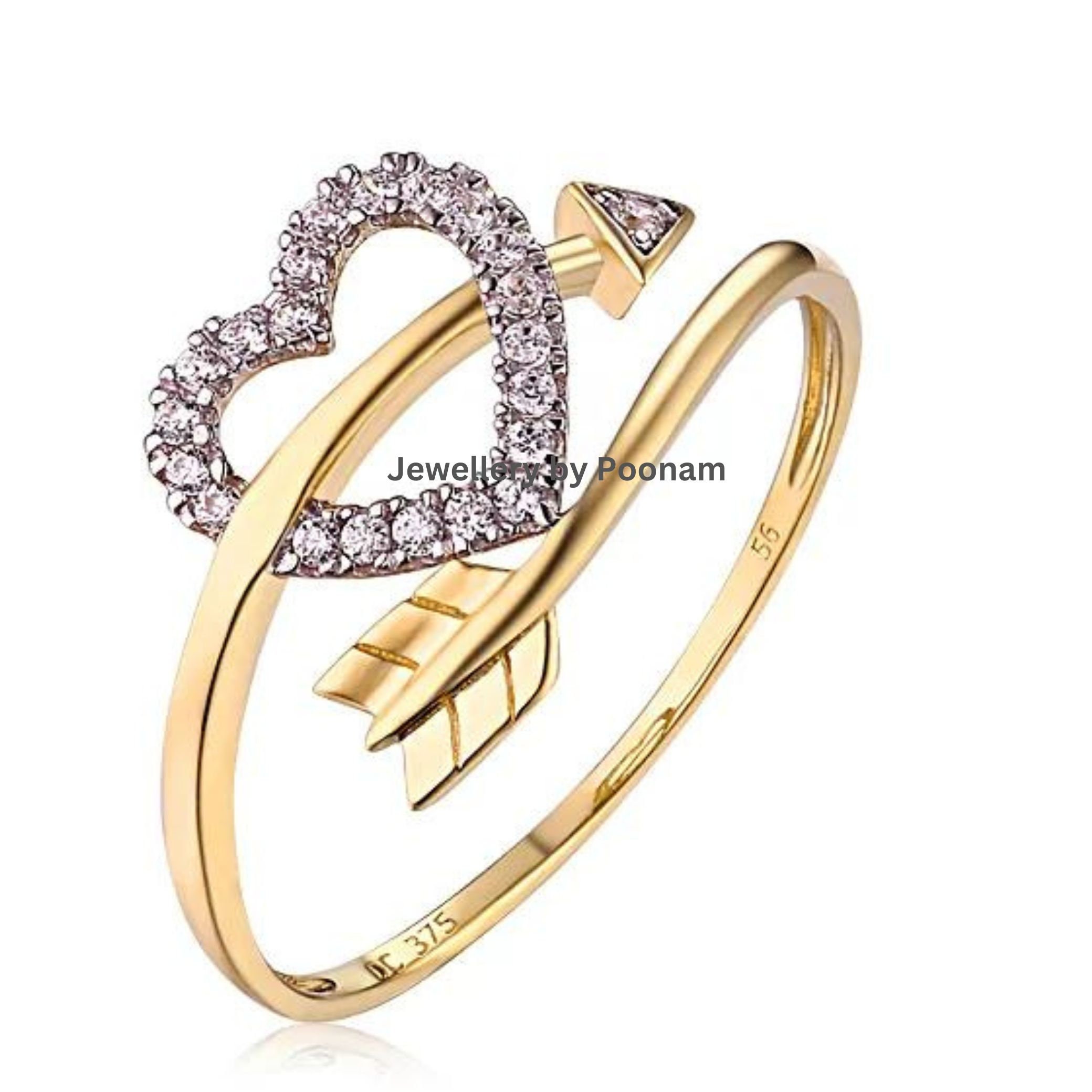 Sterling Silver Arrow Heart CZ Ring - 14K Gold Plated - Moissanite Accent - Jewelry By Poonam | SKU: R-1060