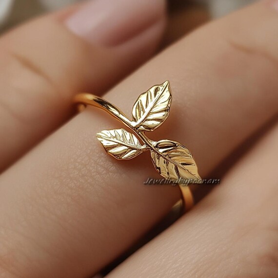 14k Gold Olive Leaf Ring, Dainty Leaf Ring, Gold Olive Leaf Branch