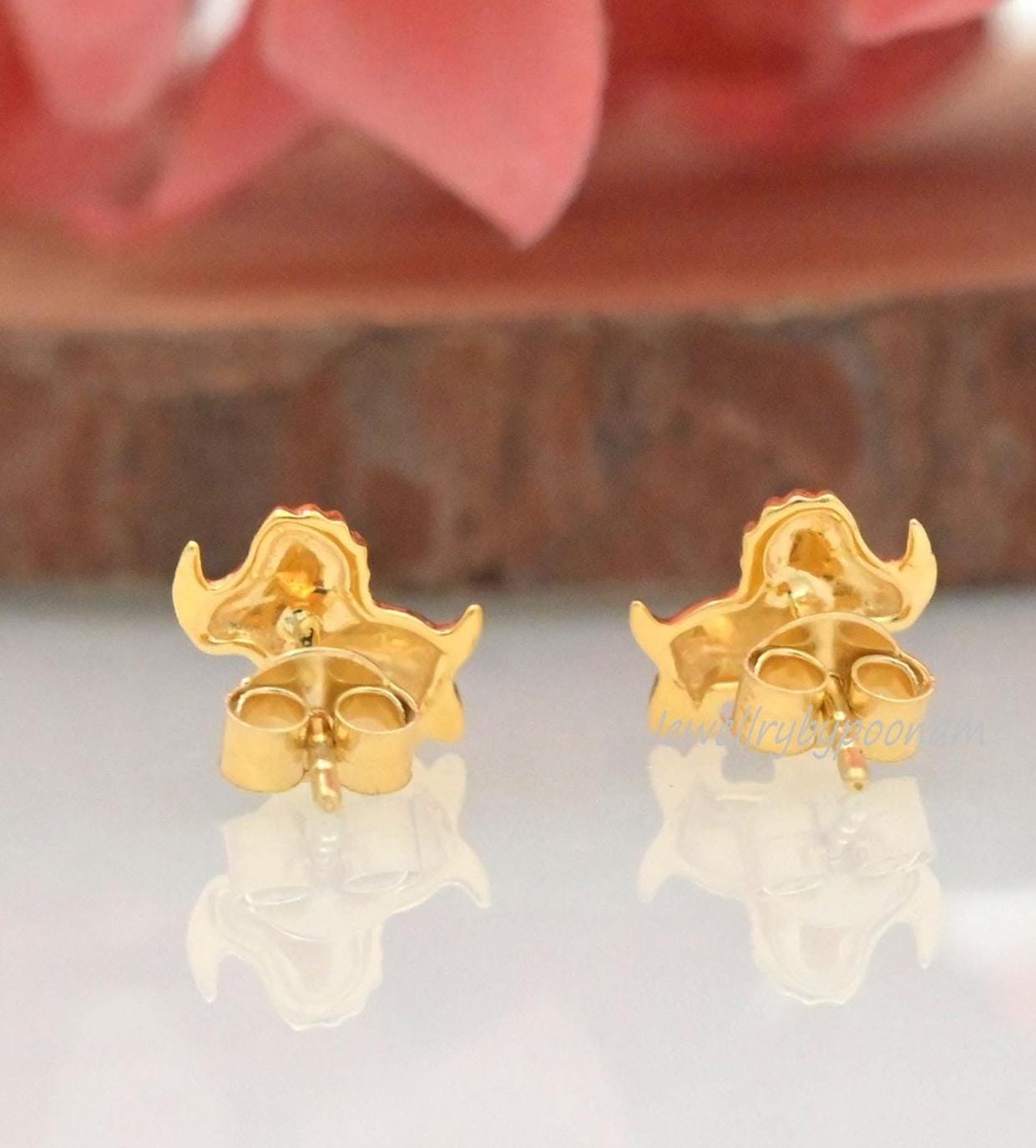 Gold Plated 925 Silver Triceratops Stud Earrings - View 3 - Jewelry By Poonam | SKU: PJE1705-SLYG-10M 2/2026