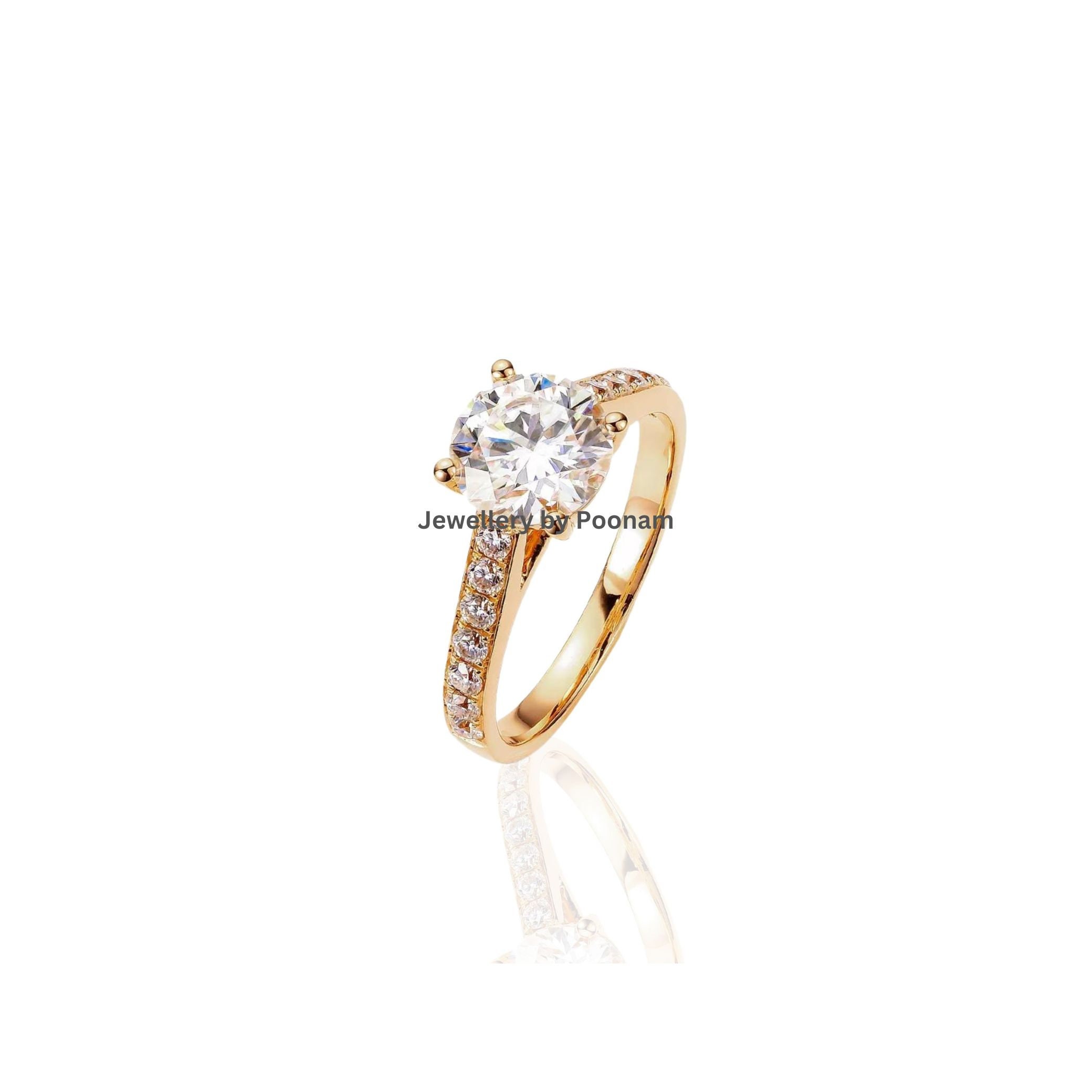 Moissanite Engagement Ring: 925 Yellow Gold Plated, Pear Diamond Cluster - View 2 - Jewelry By Poonam | SKU: R-1020