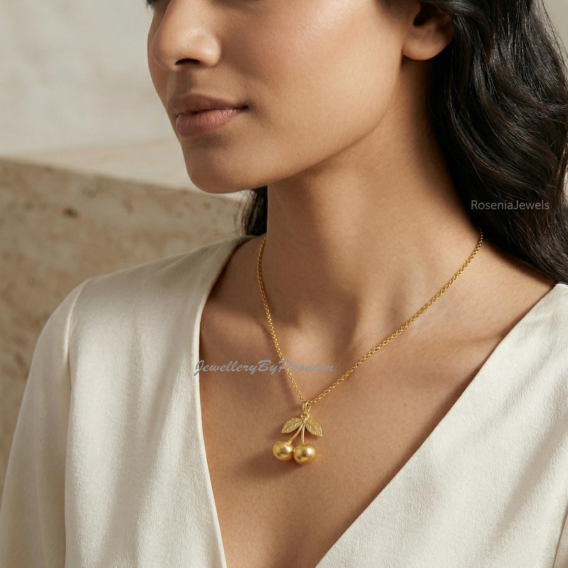 14K Gold-Plated Double Cherry Pendant: Sterling Silver Fruit Charm Necklace - Jewelry By Poonam | SKU: PJP-