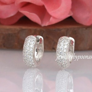 DiamondHuggie Hoop Earrings,14Kt Solid Gold Huggie Earrings,3 Row Genuine CZ Diamond Hoop,Natural Diamond Hoop Earrings,Small Diamond Huggy,