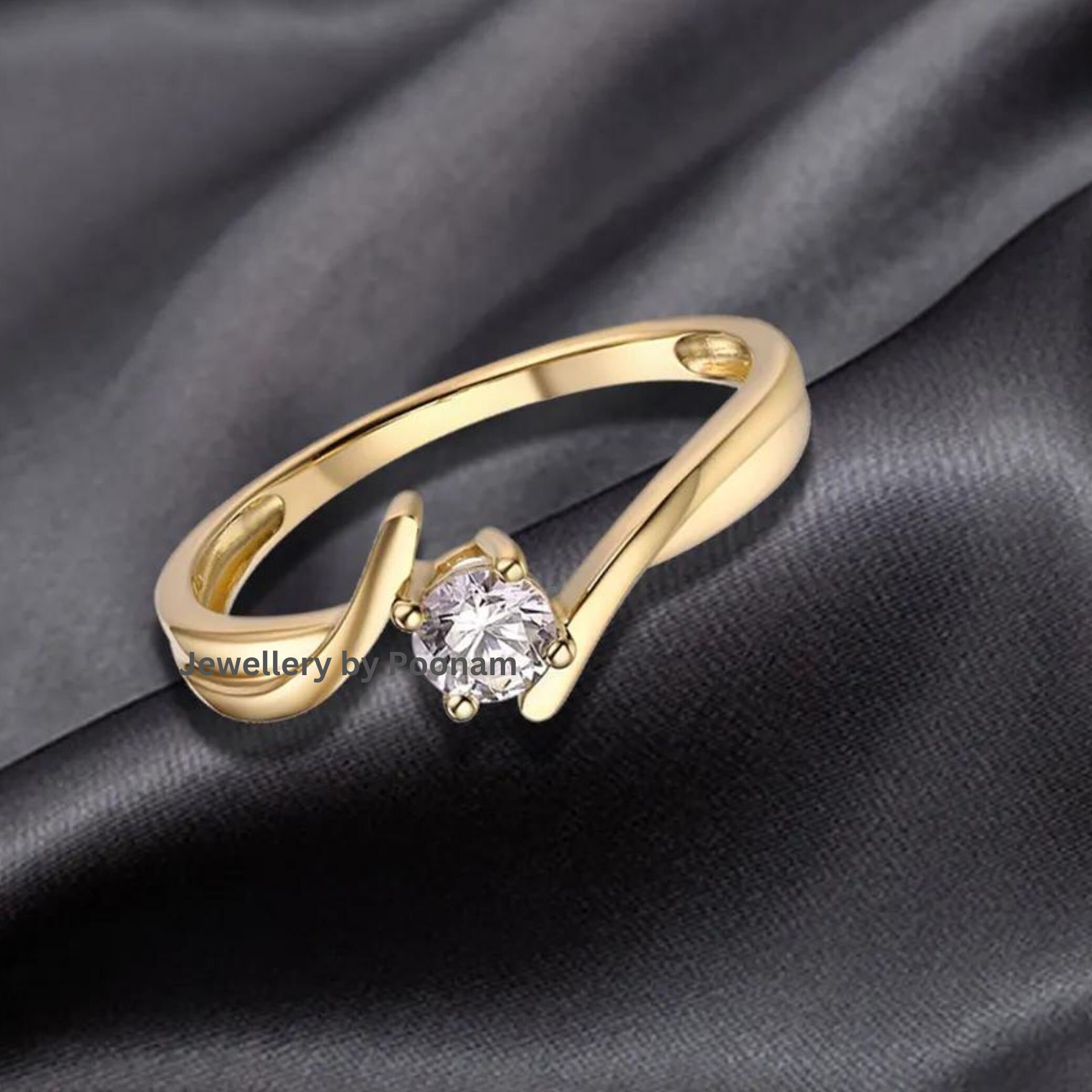 Light 925 Plated Gold Zirconia Diamond Classic Engagement Wedding Ring Women - View 3 - Jewelry By Poonam | SKU: R-1047