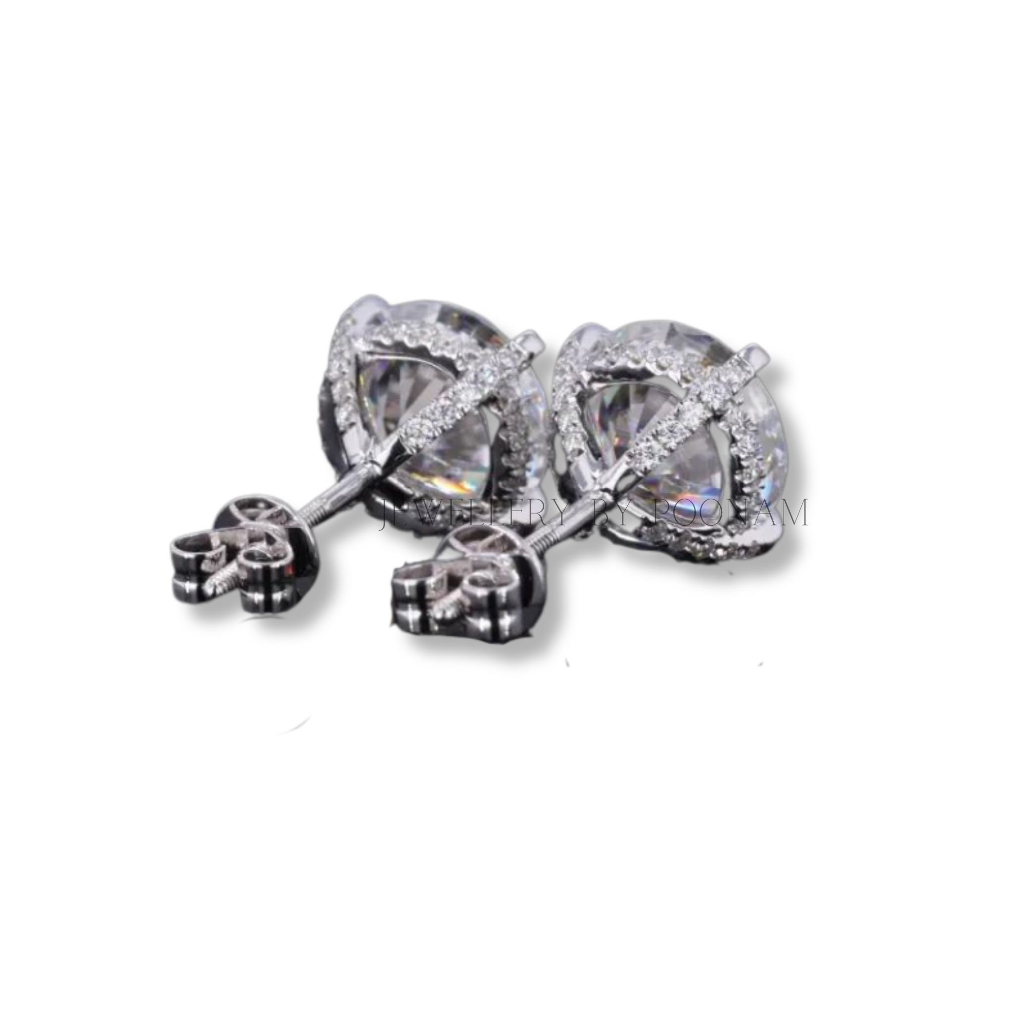 9K/14K White Gold & 925 Sterling Silver Moissanite Stud Earrings: Round Cut, 5mm - View 2 - Jewelry By Poonam | SKU: E-1316