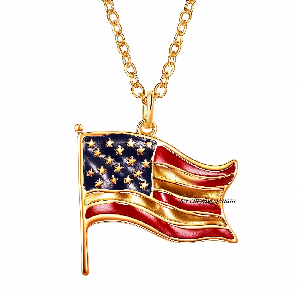 14k Gold Plated Sterling Silver American Flag Pendant: Enamel US Jewelry - Jewelry By Poonam | SKU: PJP