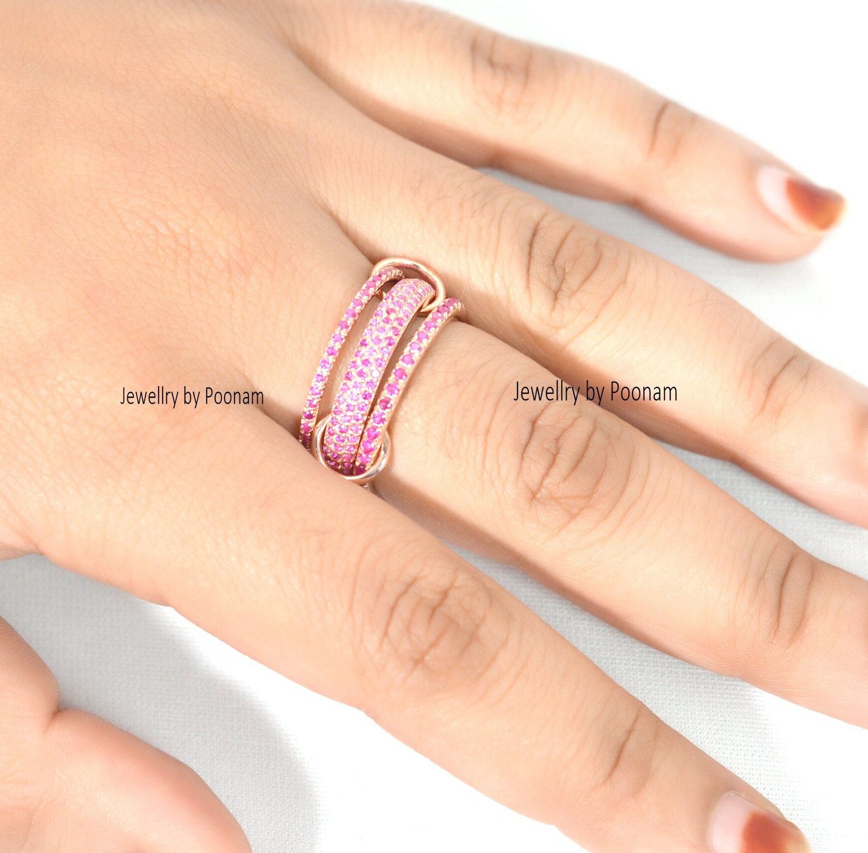 925 Sterling Silver Ruby & CZ Multi-Link Ring for Women, Chunky Connected Stacking Band - View 4 - Jewelry By Poonam | SKU: P