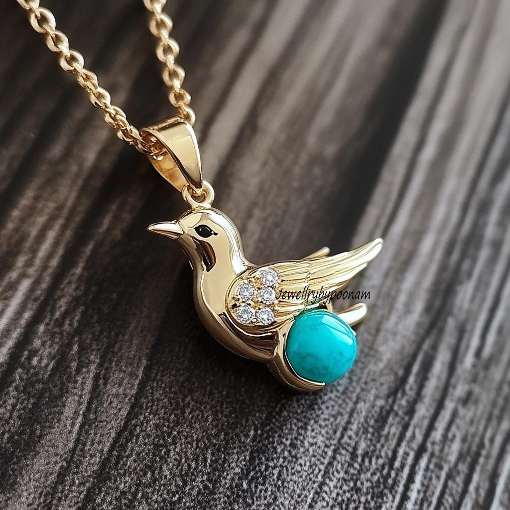 14k Gold Gemstone Bird Pendant: Sterling Silver Turquoise Jewelry - View 3 - Jewelry By Poonam | SKU: PJP4242-SLYGBSPCZBS-25M