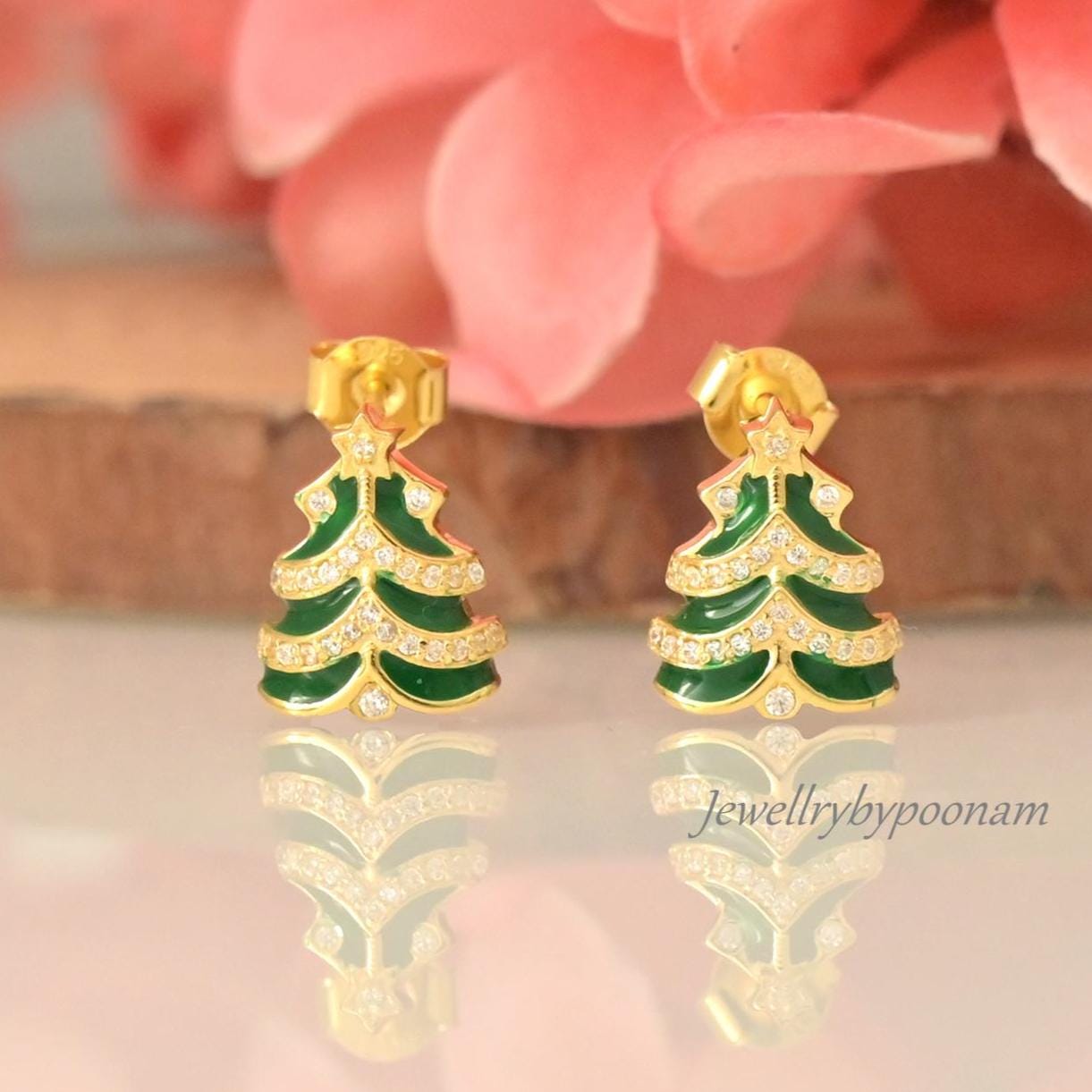 925 Silver Christmas Tree Earrings – Enamel CZ Studs, Festive Holiday Jewelry - Jewelry By Poonam | SKU: PJE2004-SLYGCZELG-10