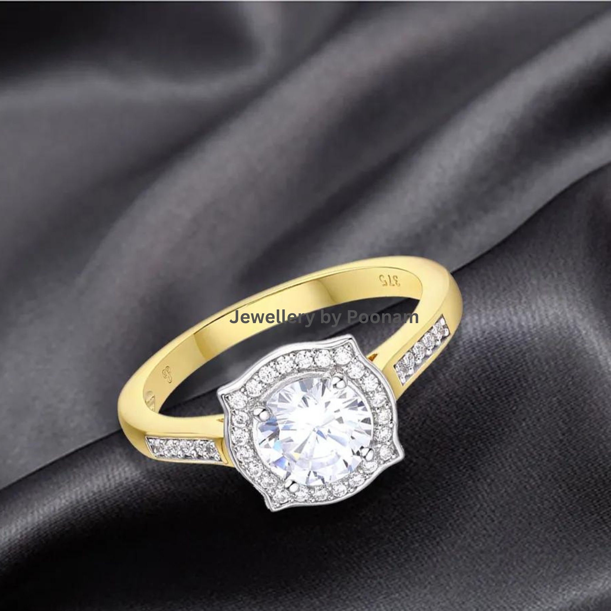 Custom Solitaire Moissanite Ring: 9K/14K Gold Cushion Cut Jewelry - View 3 - Jewelry By Poonam | SKU: R-1048