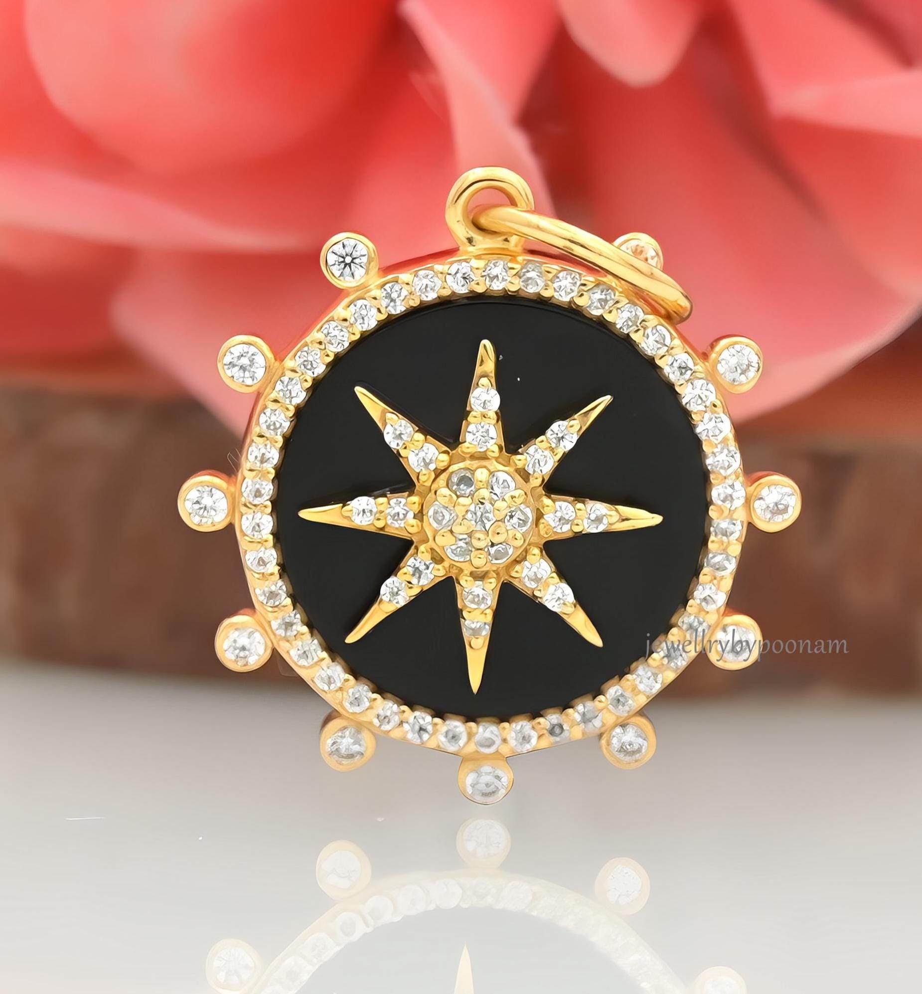 Starburst Medallion Sterling Silver Pendant: Black Enamel CZ Charm - Jewelry By Poonam | SKU: PJP4723-SLYGCZELBK-25M- 2/26