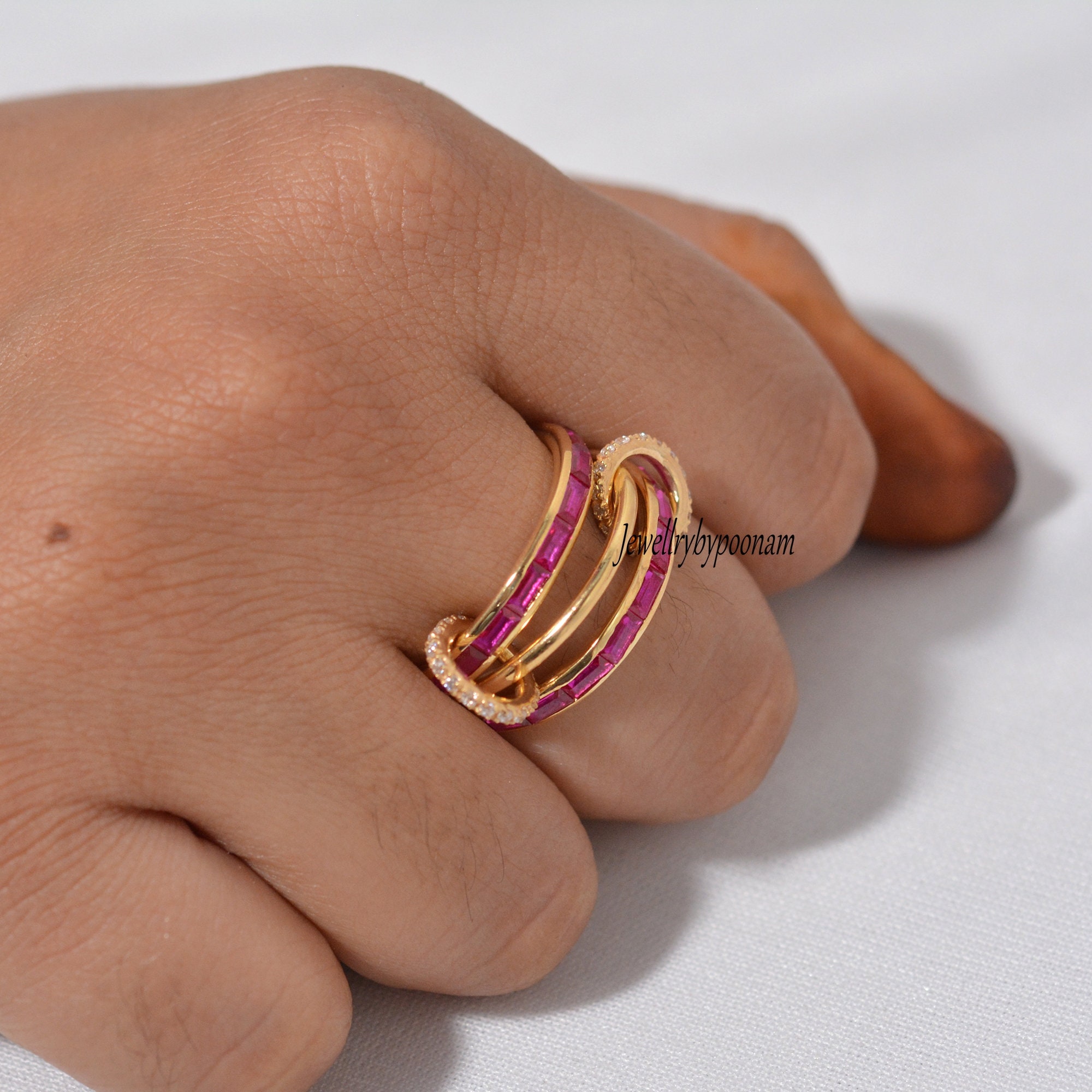 14k Gold Plated Pink Sapphire Baguette Ring, 925 Sterling Silver Band - View 2 - Jewelry By Poonam | SKU: PJR999-SLYGBTTPSPWT