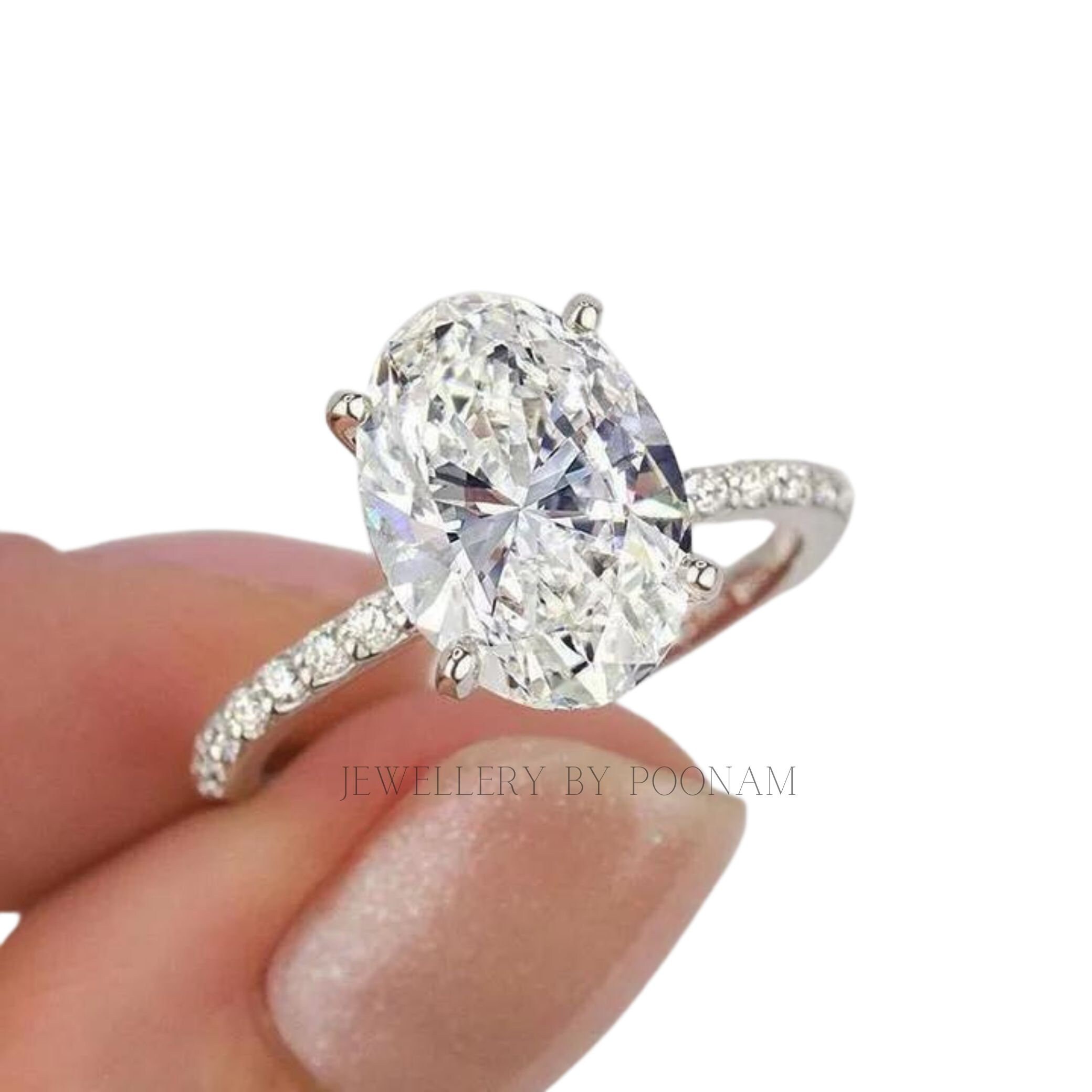 Oval Cut Simulated Diamond Engagement Ring – Sterling Silver White Gold Plated Bridal Ring - View 4 - Jewelry By Poonam | SKU