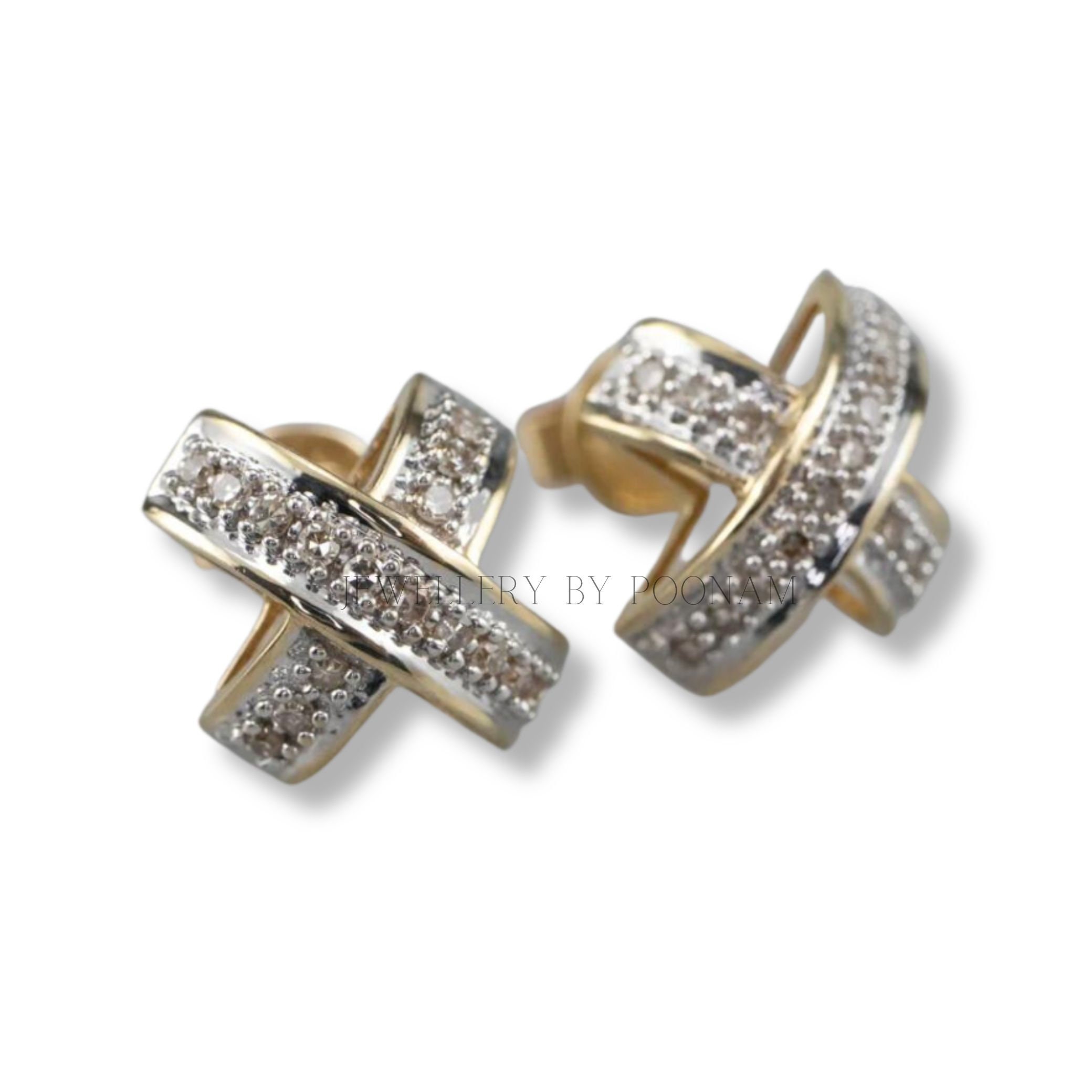 Moissanite Diamond X Stud Earrings: 9K/14K Yellow Gold & 925 Sterling Silver - View 6 - Jewelry By Poonam | SKU: E-1312