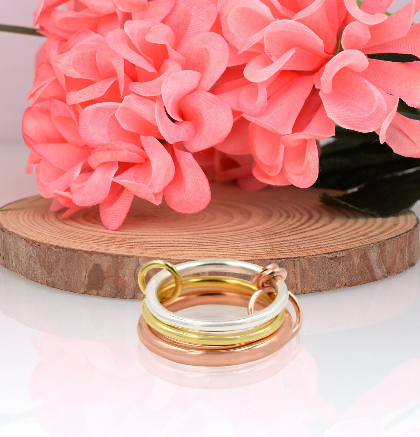 14K Gold & Silver Interlocking Ring: Two-Tone Minimalist Connector Band Ring - View 2 - Jewelry By Poonam | SKU: PJR762-SLNSY
